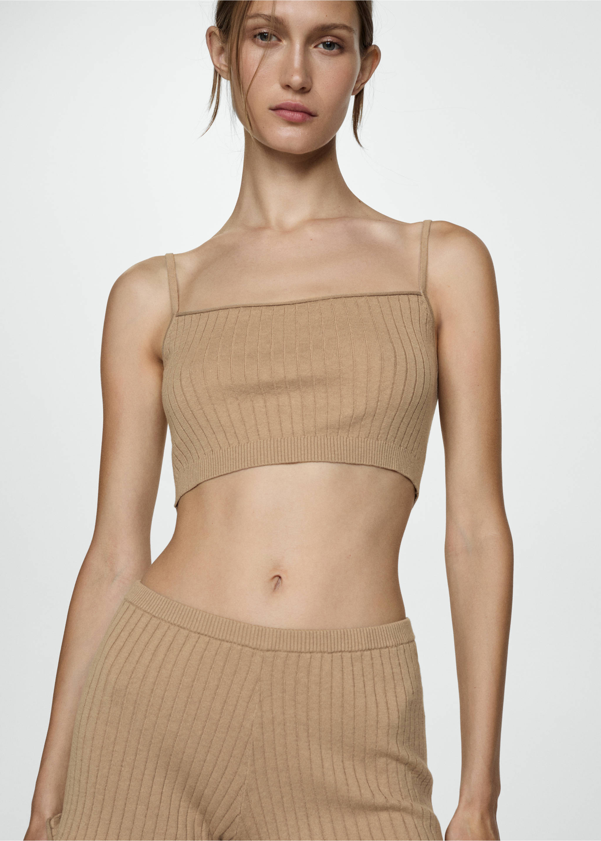 Ribbed crop top - Medium plane, Light/Pastel Brown. Ref: 77080588-00.