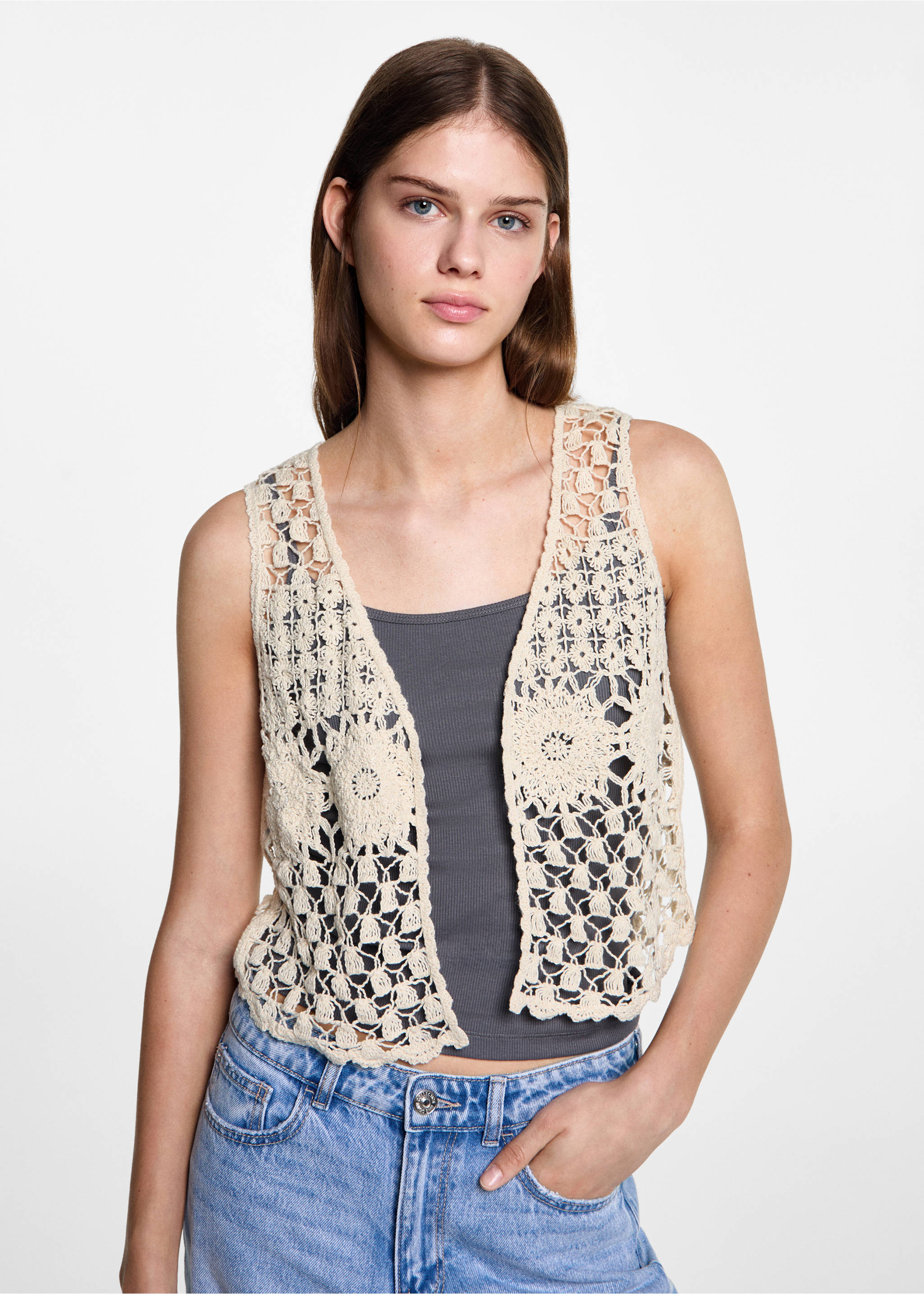 Fringed gilet - Medium plane, Ecru. Ref: 77080640-00.