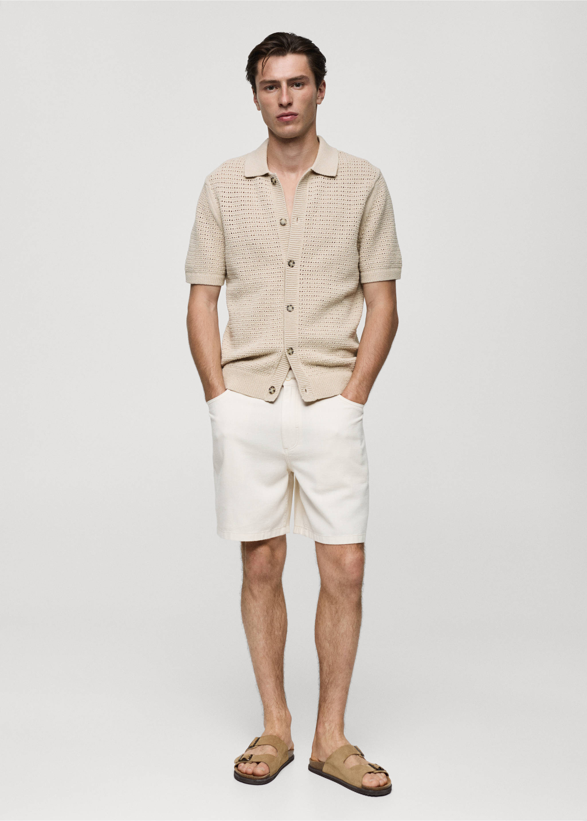 Openwork knit polo with buttons - General plane, Beige. Ref: 77080644-00.