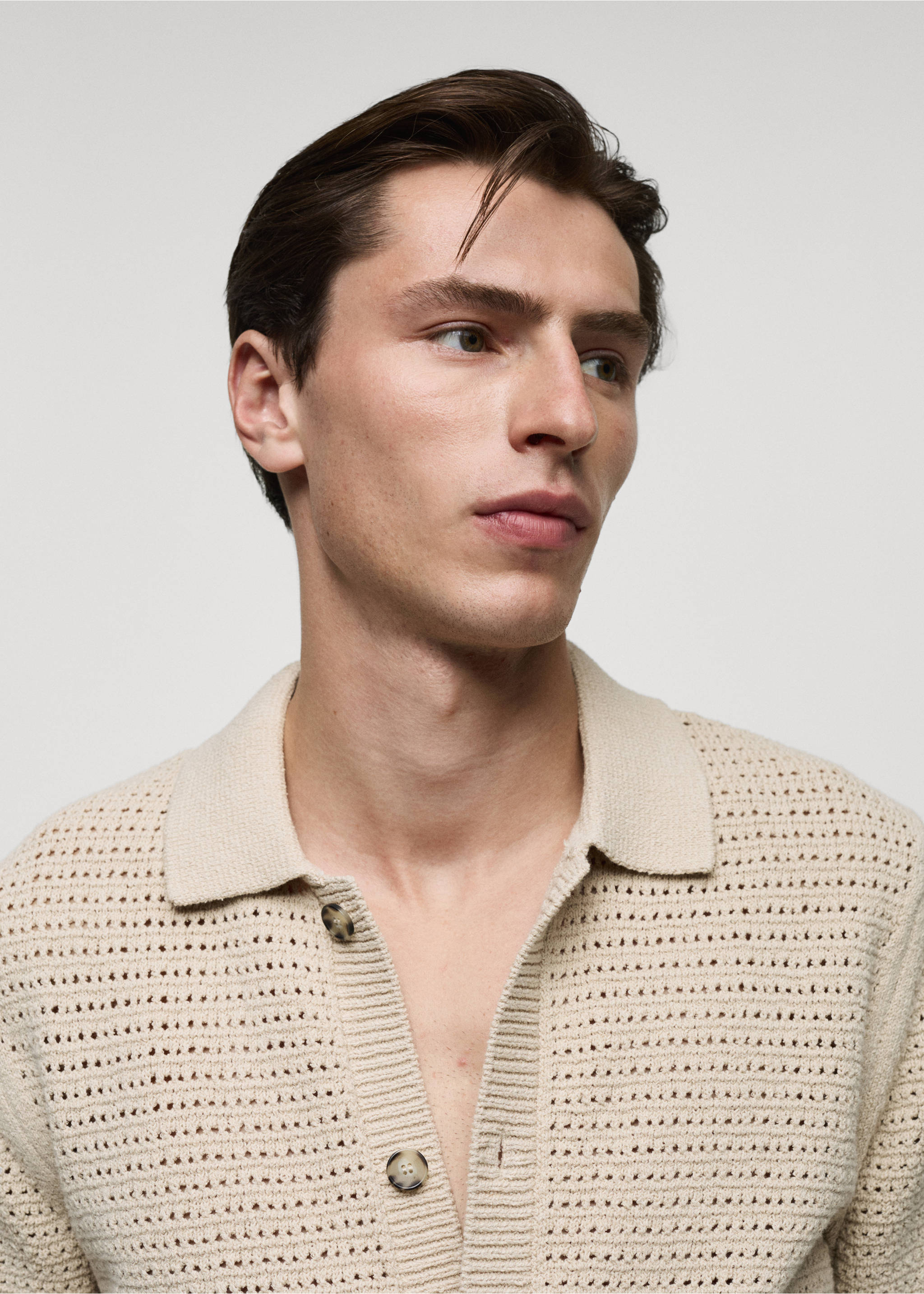 Openwork knit polo with buttons - Details of the article 1, Beige. Ref: 77080644-00.