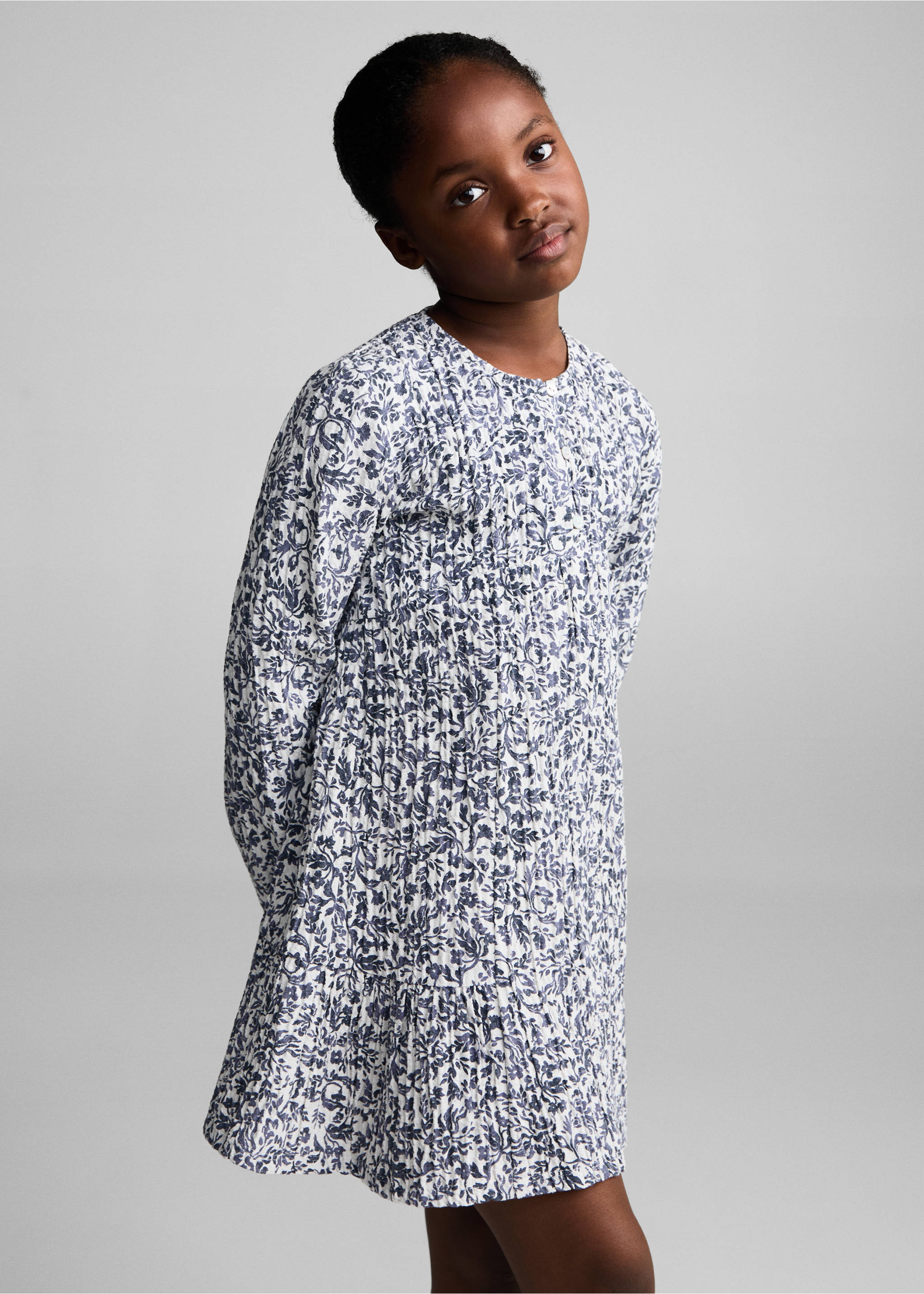 Pleated floral dress - Medium plane, Blue. Ref: 77083292-00.