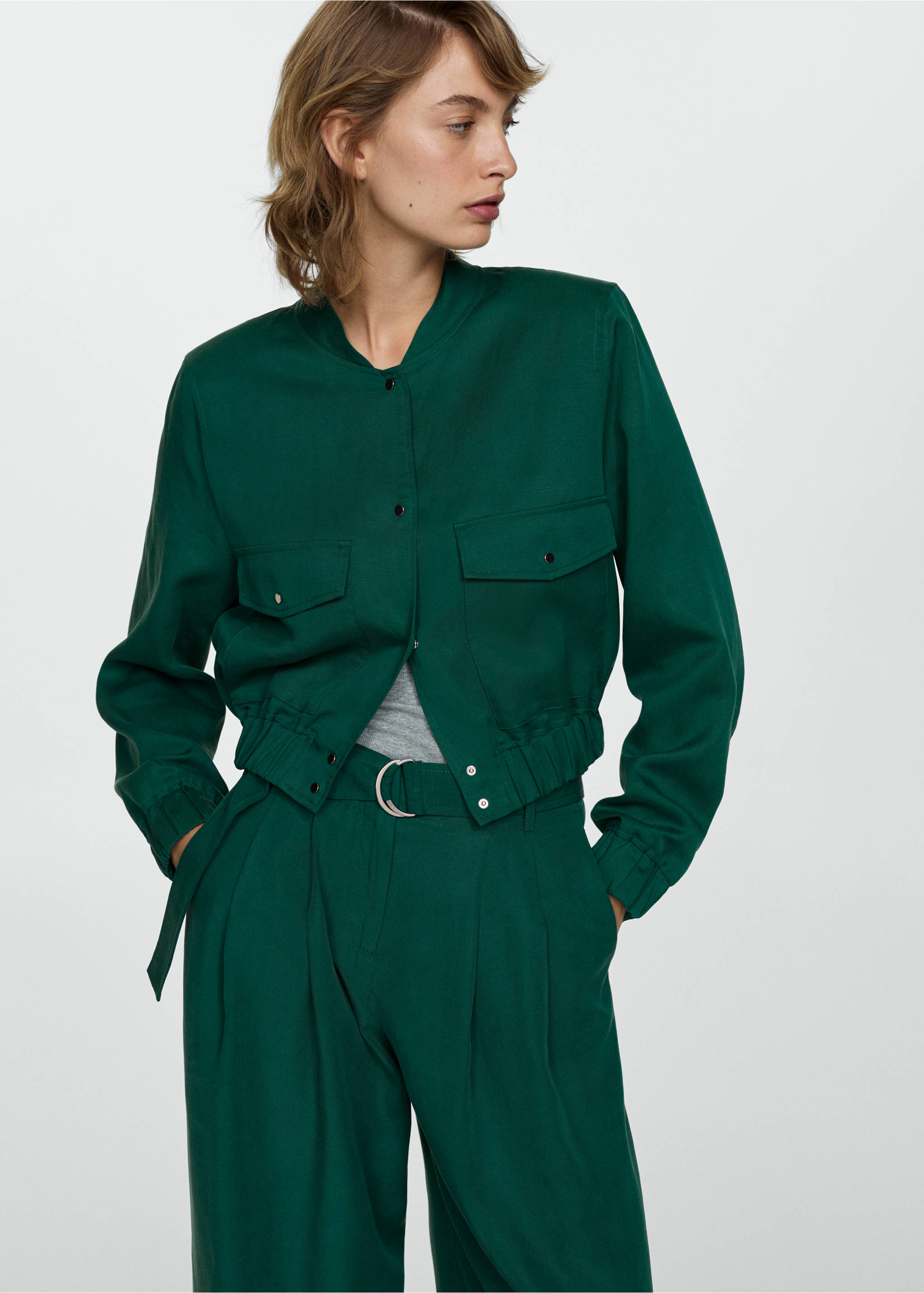 Lyocell trousers with belt - Details of the article 1, Green. Ref: 77084023-00.