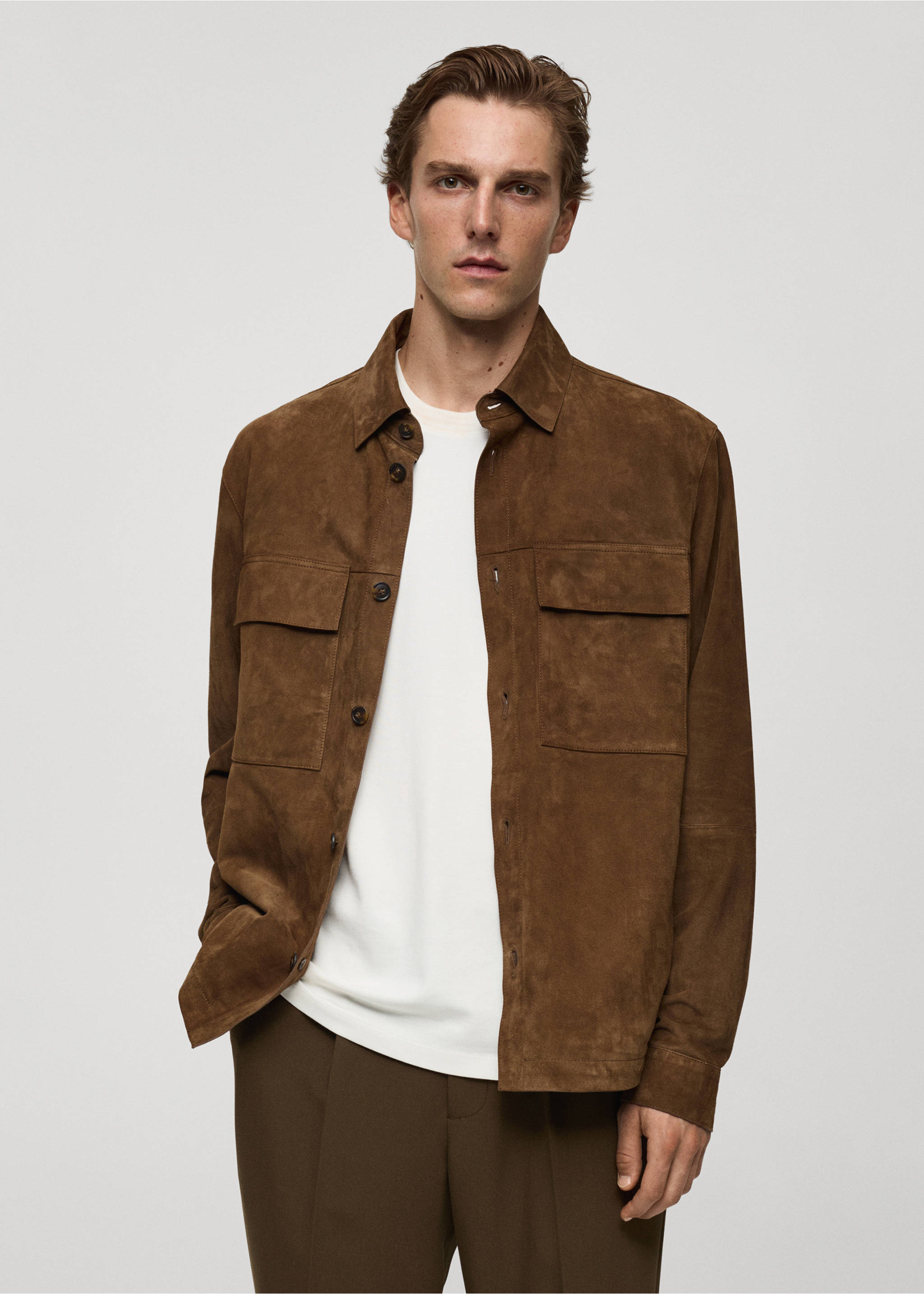 100% suede overshirt with pockets - Medium plane, Tobacco Brown. Ref: 77084432-00.
