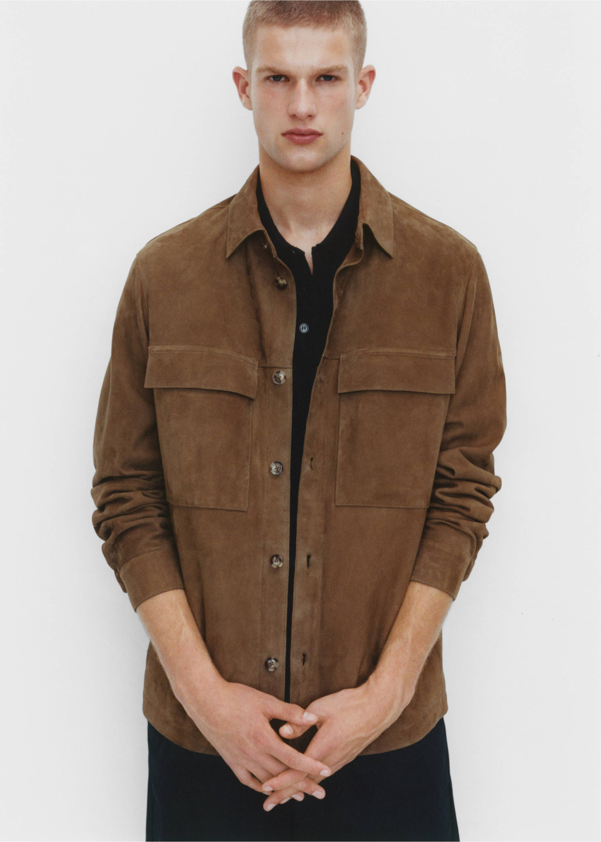 100% suede overshirt with pockets - Details of the article 5, Tobacco Brown. Ref: 77084432-00.