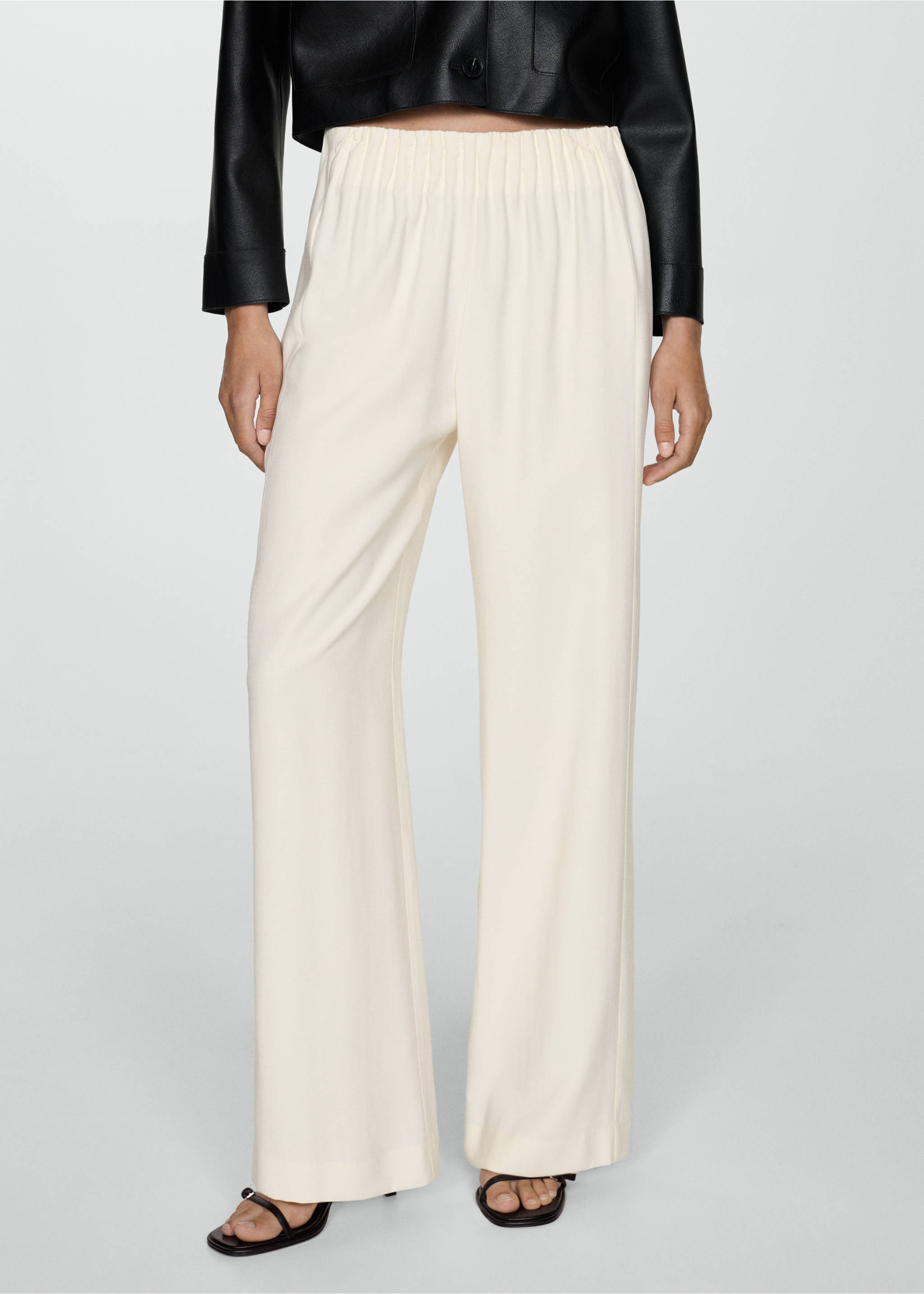 Wide leg trousers with elastic waist - Medium plane, Ecru. Ref: 77084441-00.