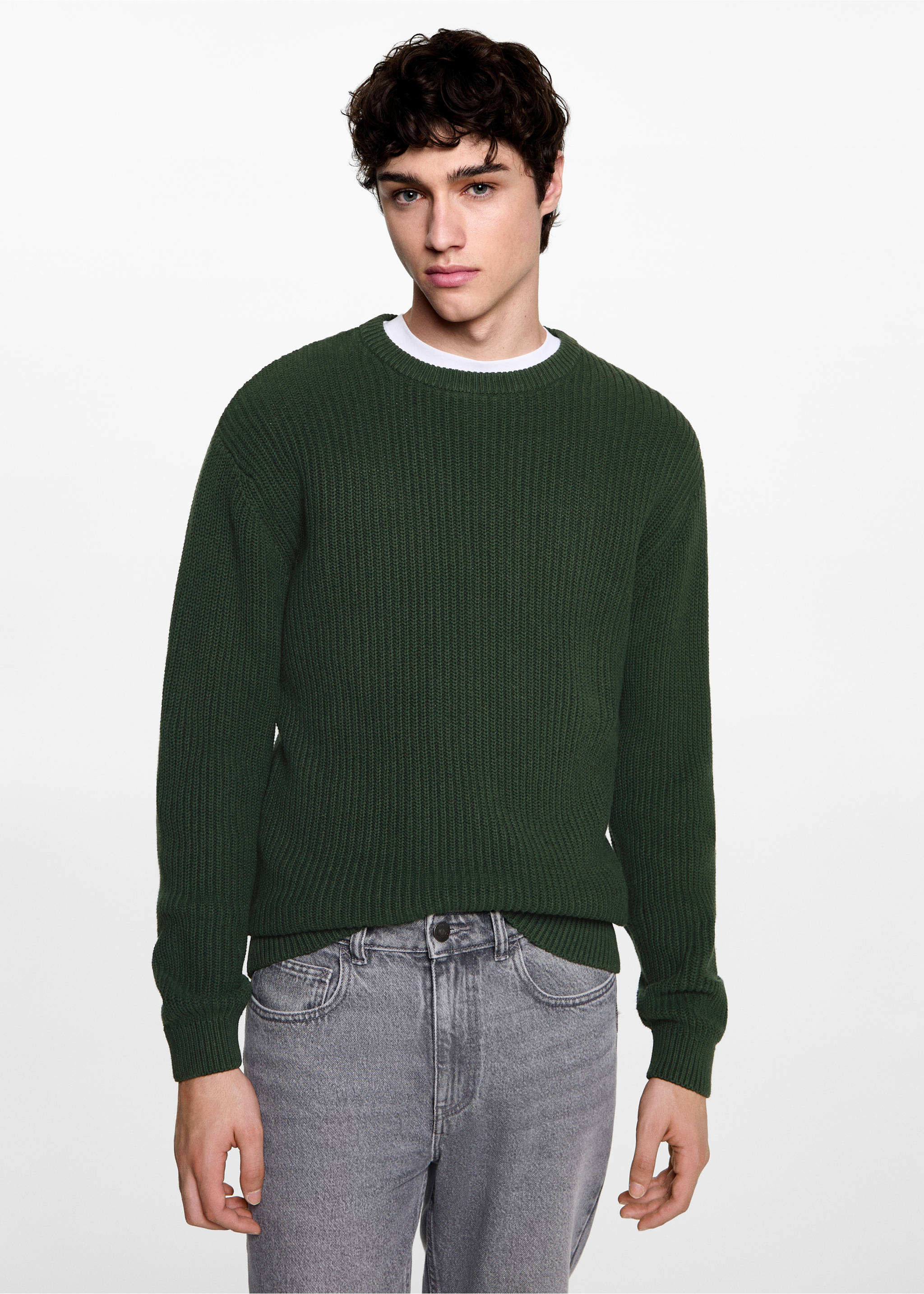 Ribbed cotton knitted sweater - Medium plane, Green. Ref: 77084760-00.