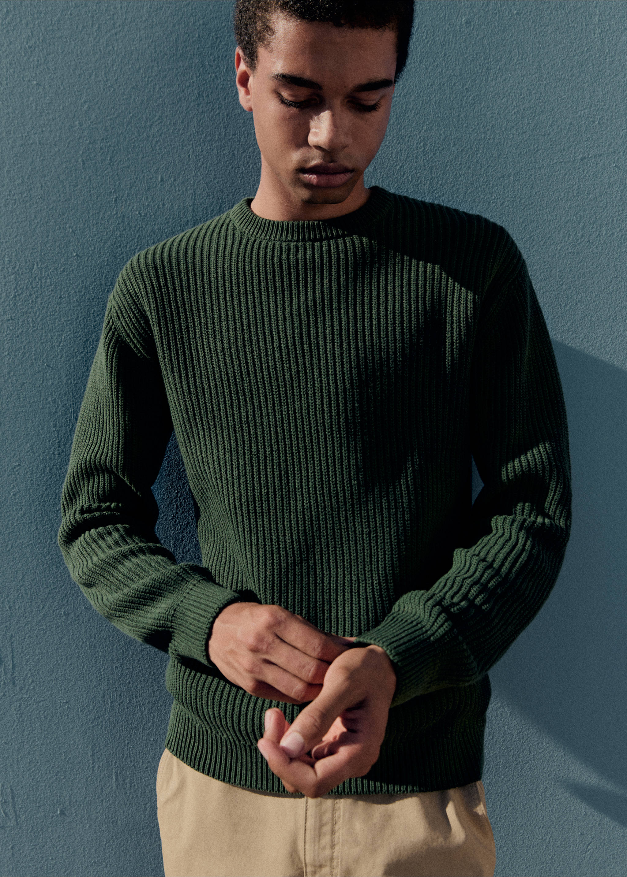 Ribbed cotton knitted sweater - Details of the article 5, Green. Ref: 77084760-00.