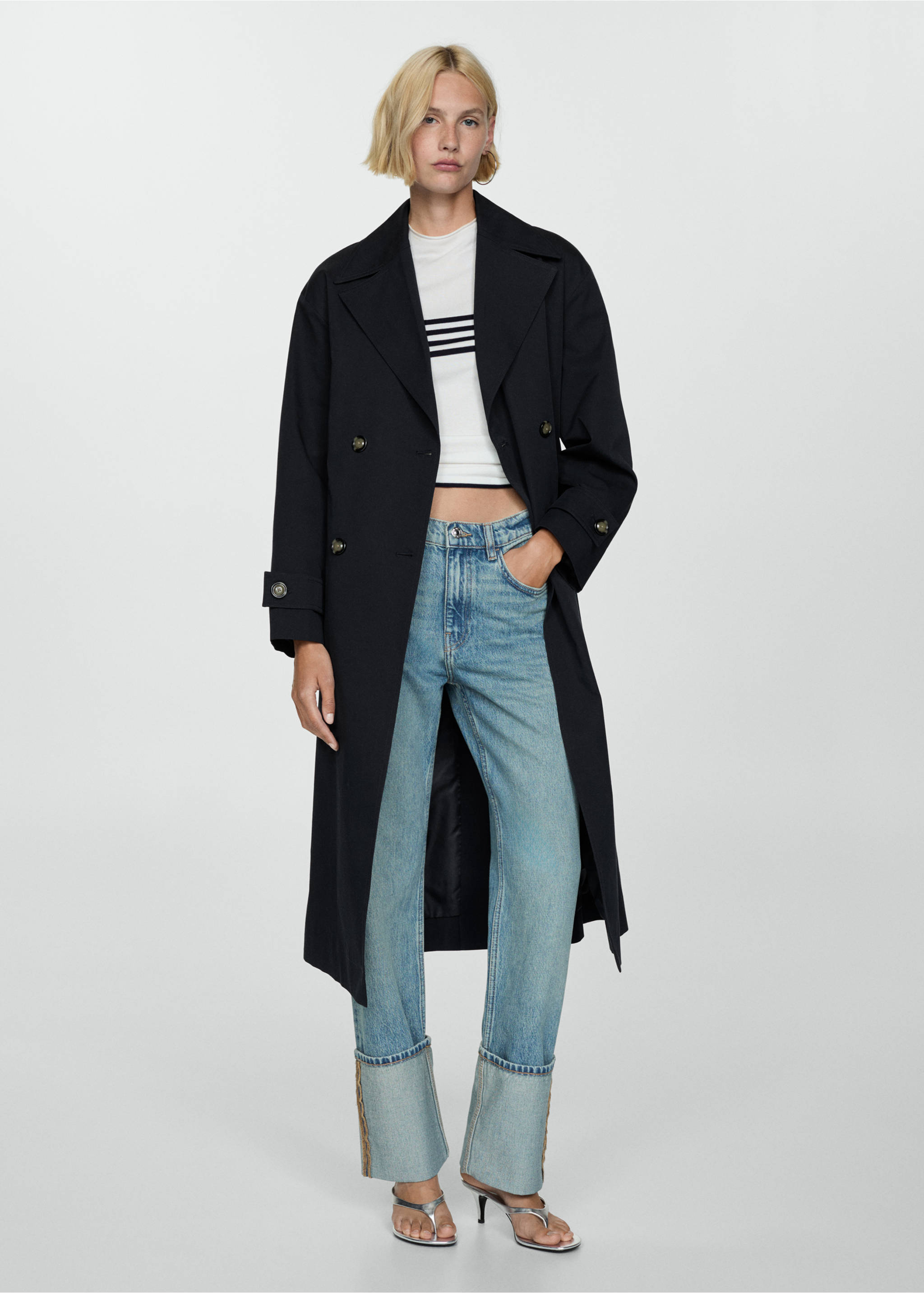 Long double-breasted trench coat - General plane, Black. Ref: 77084762-00.