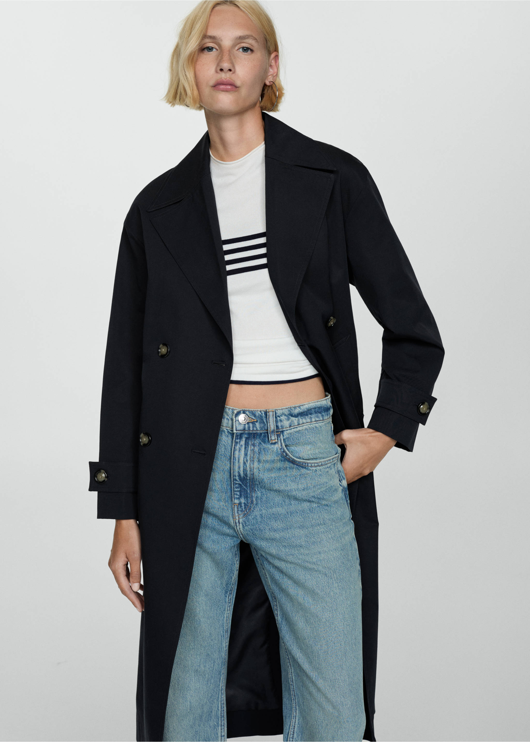 Long double-breasted trench coat - Medium plane, Black. Ref: 77084762-00.