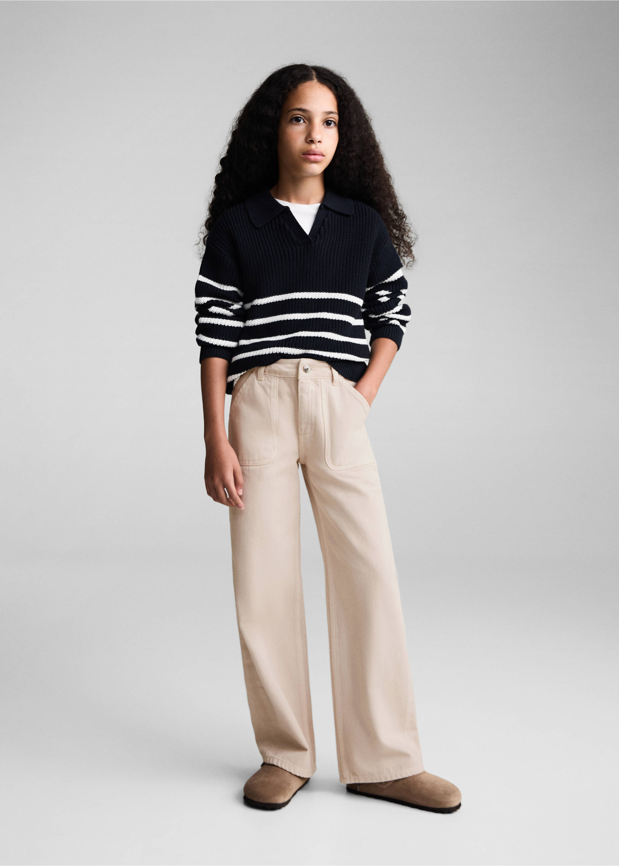 Gestreifter Pullover mit Polokragen - Allgemeine Ansicht, Dunkles Marineblau. Ref: 77084771-00.