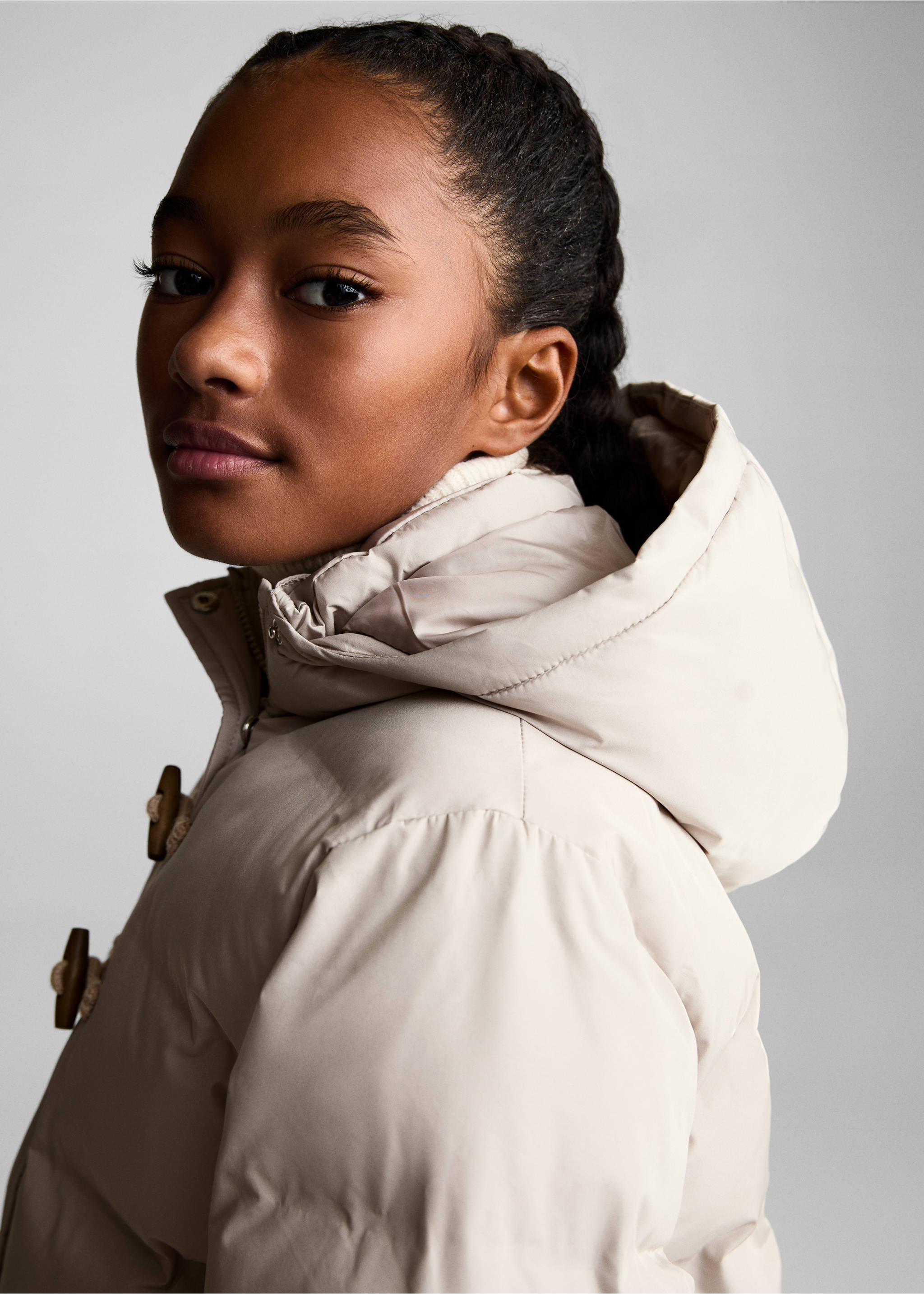 Hood puffer coat - Details of the article 1, Light/Pastel Grey. Ref: 77085146-00.