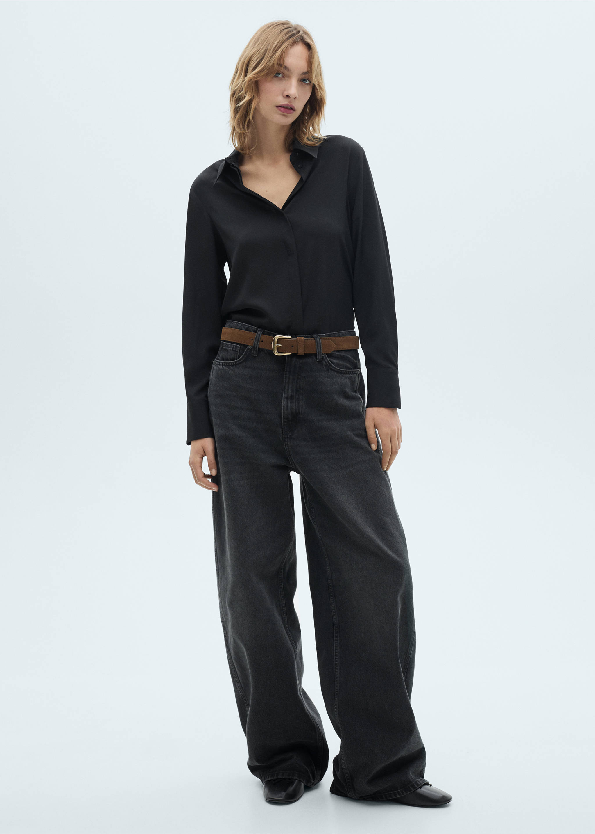 Camisa manga larga fluida - Plano general, Negro. Ref: 77085628-00.