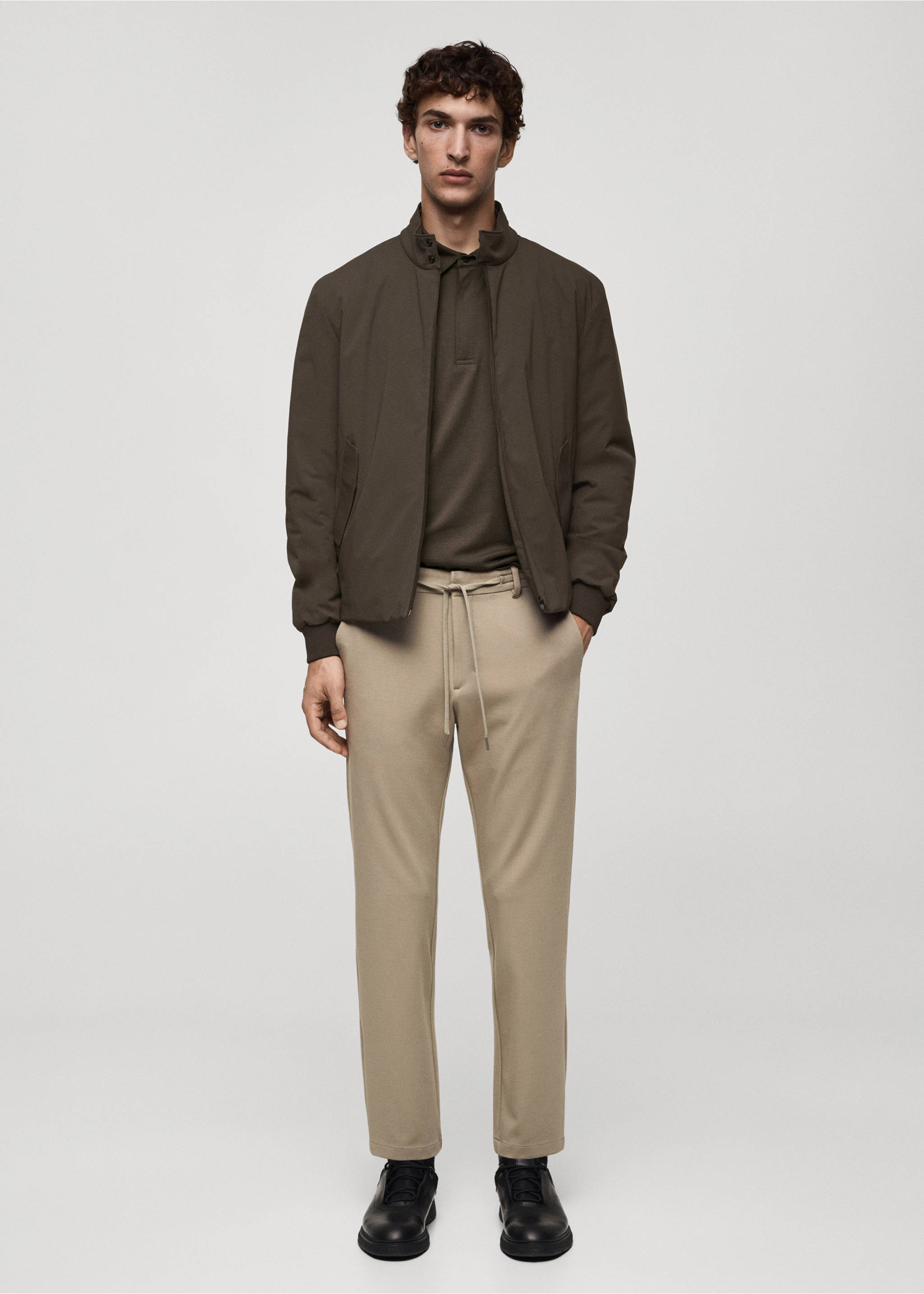 Stretch fabric slim-fit trousers with drawstring - General plane, Beige. Ref: 77085961-00.