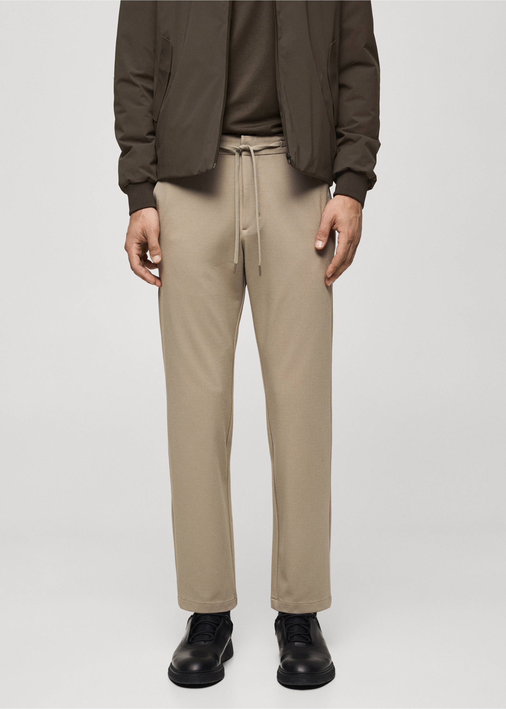 Stretch fabric slim-fit trousers with drawstring - Medium plane, Beige. Ref: 77085961-00.