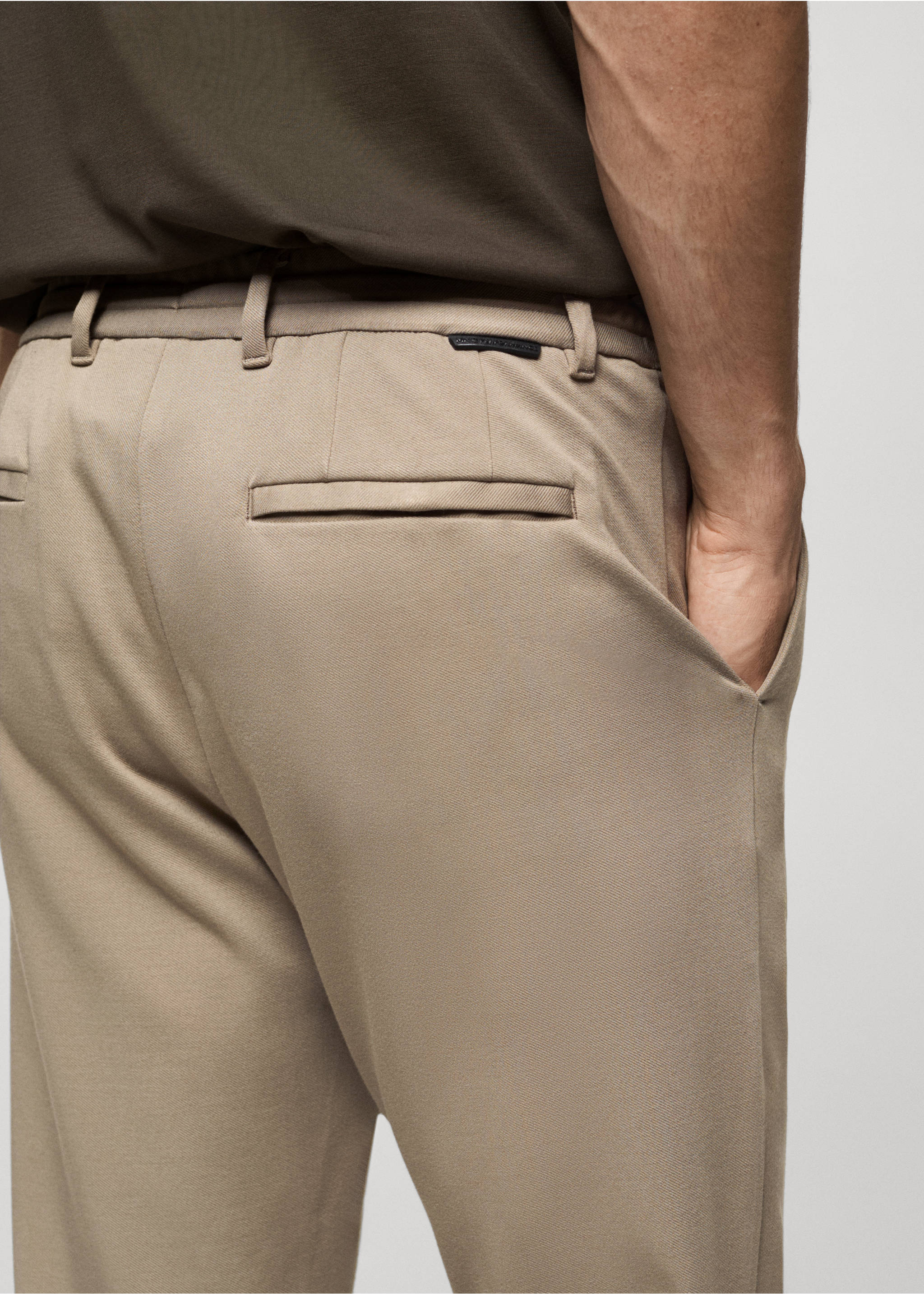 Stretch fabric slim-fit trousers with drawstring - Details of the article 6, Beige. Ref: 77085961-00.