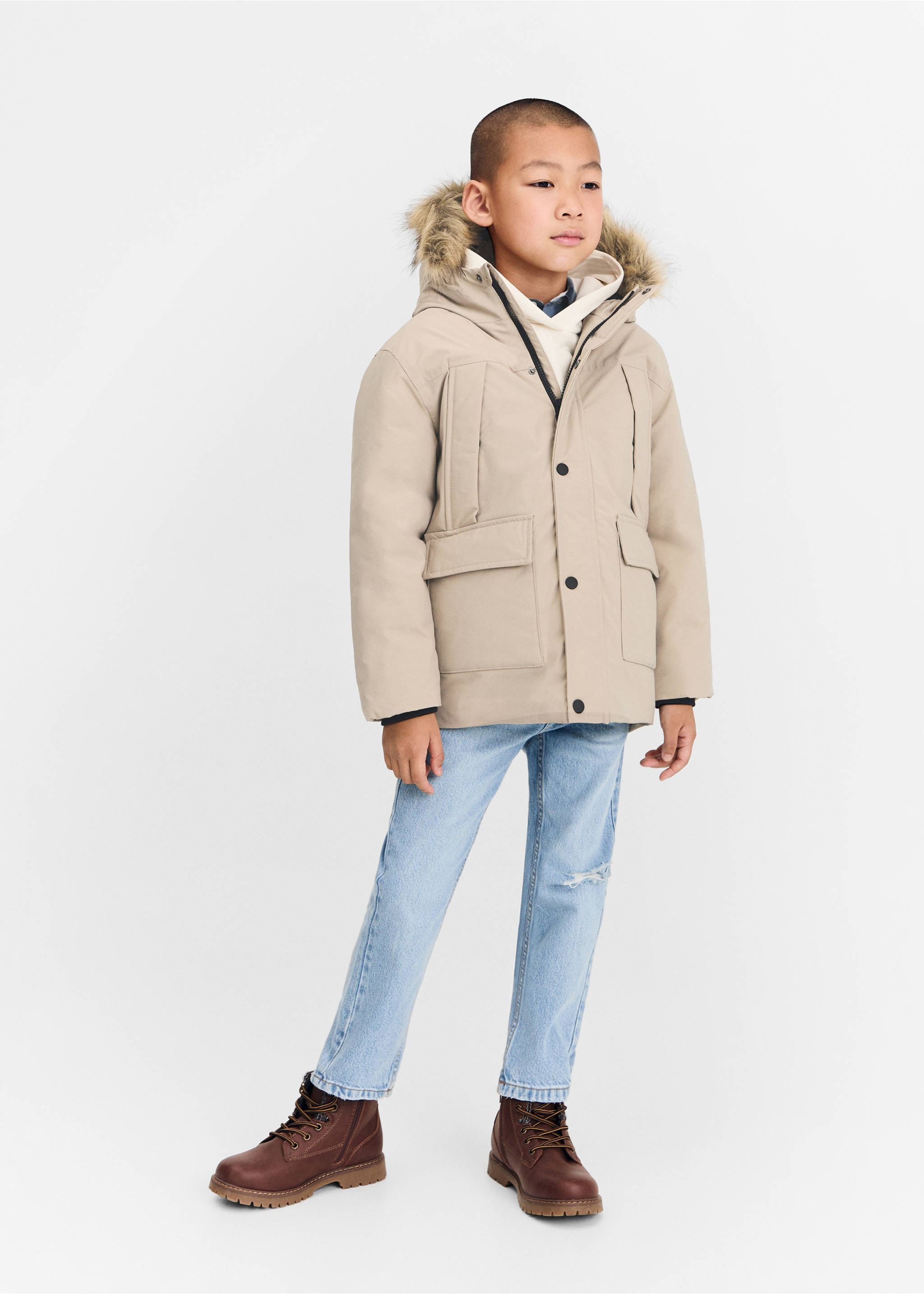 Puffer coat with fur-effect hood - General plane, Medium Brown. Ref: 77086344-00.