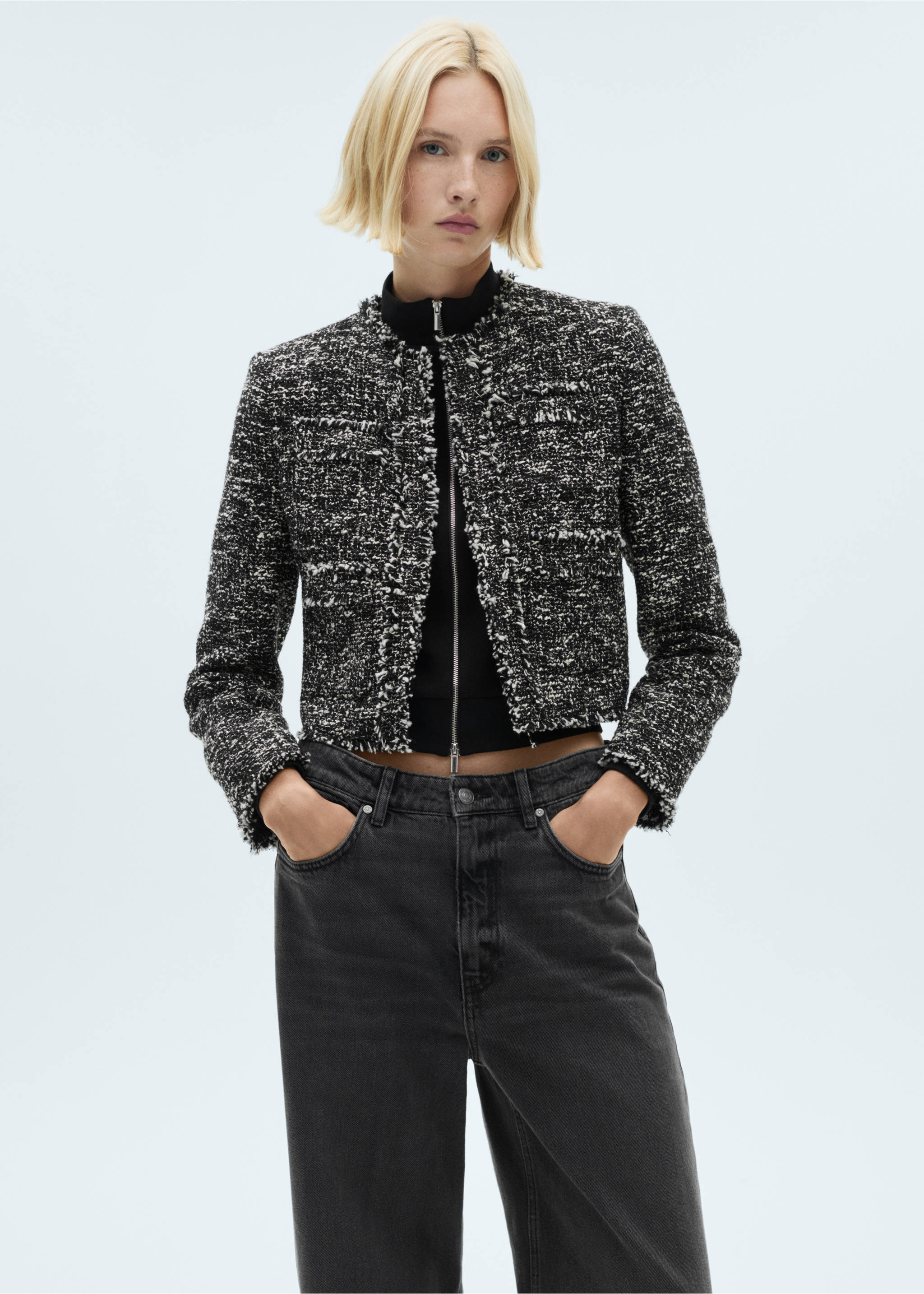 Tweed jacket with frayed ends - Medium plane, Black. Ref: 77087719-00.