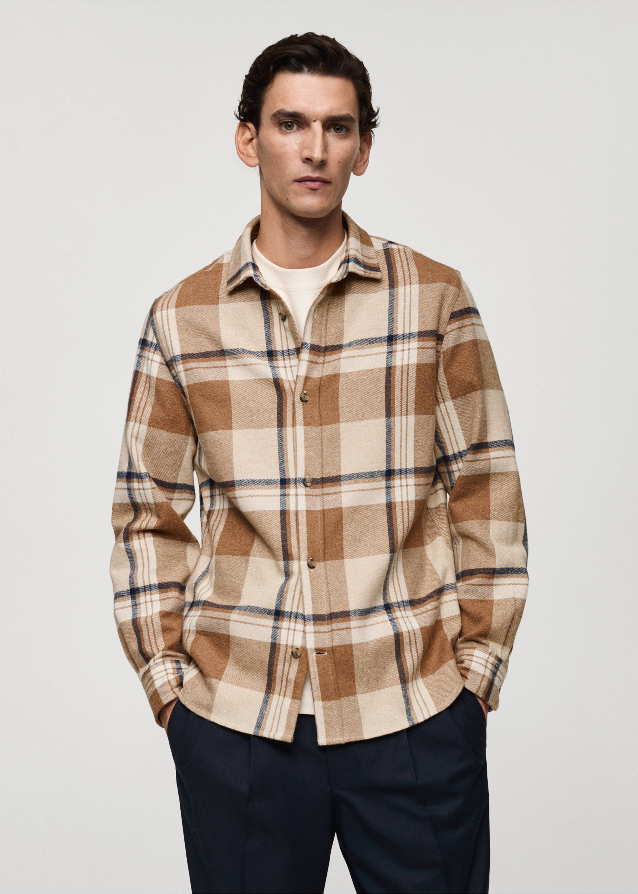 100% cotton flannel check overshirt - Medium plane, Beige. Ref: 77087914-00.