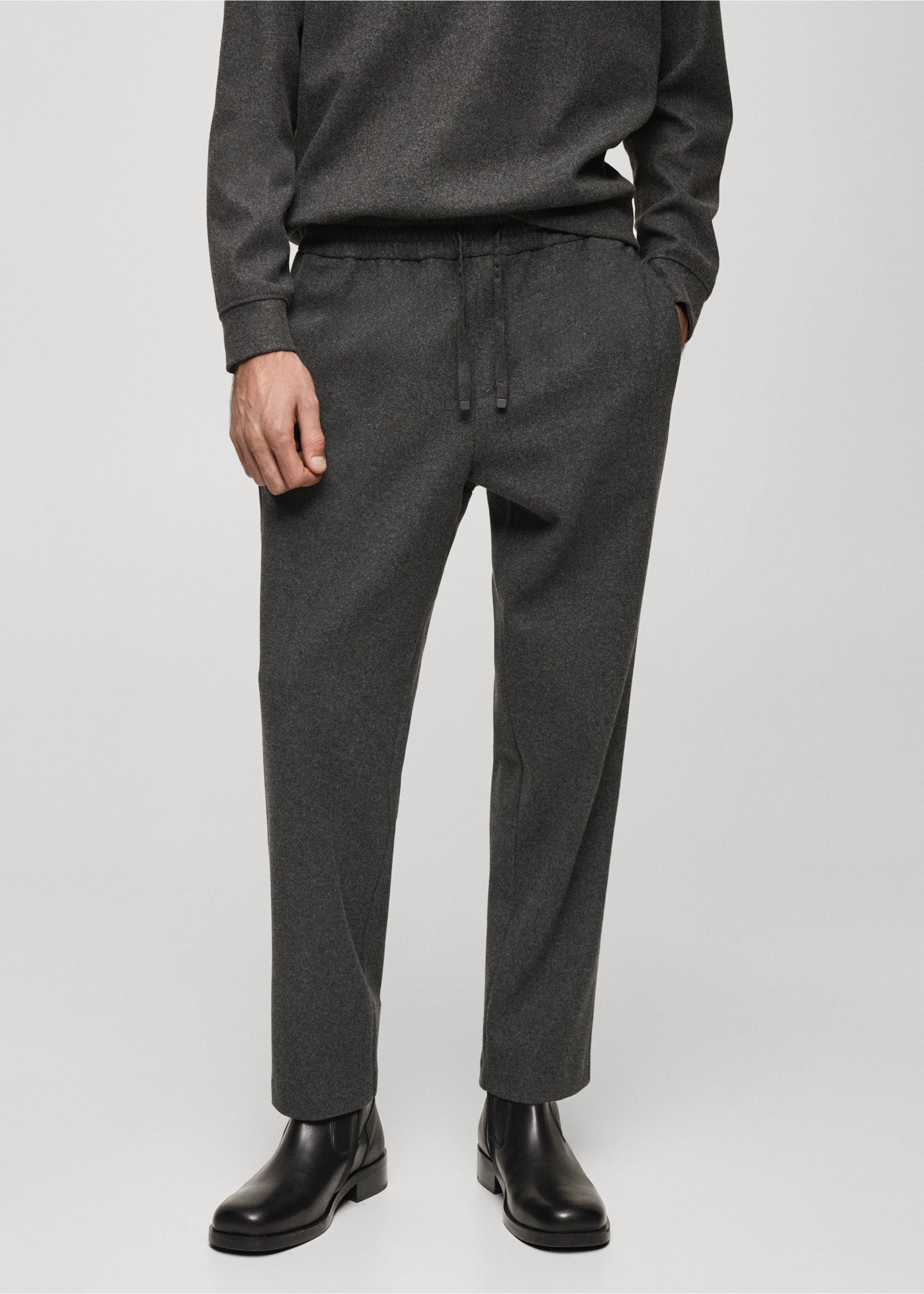 Flannel joggers with drawstring - Medium plane, Charcoal. Ref: 77087920-00.