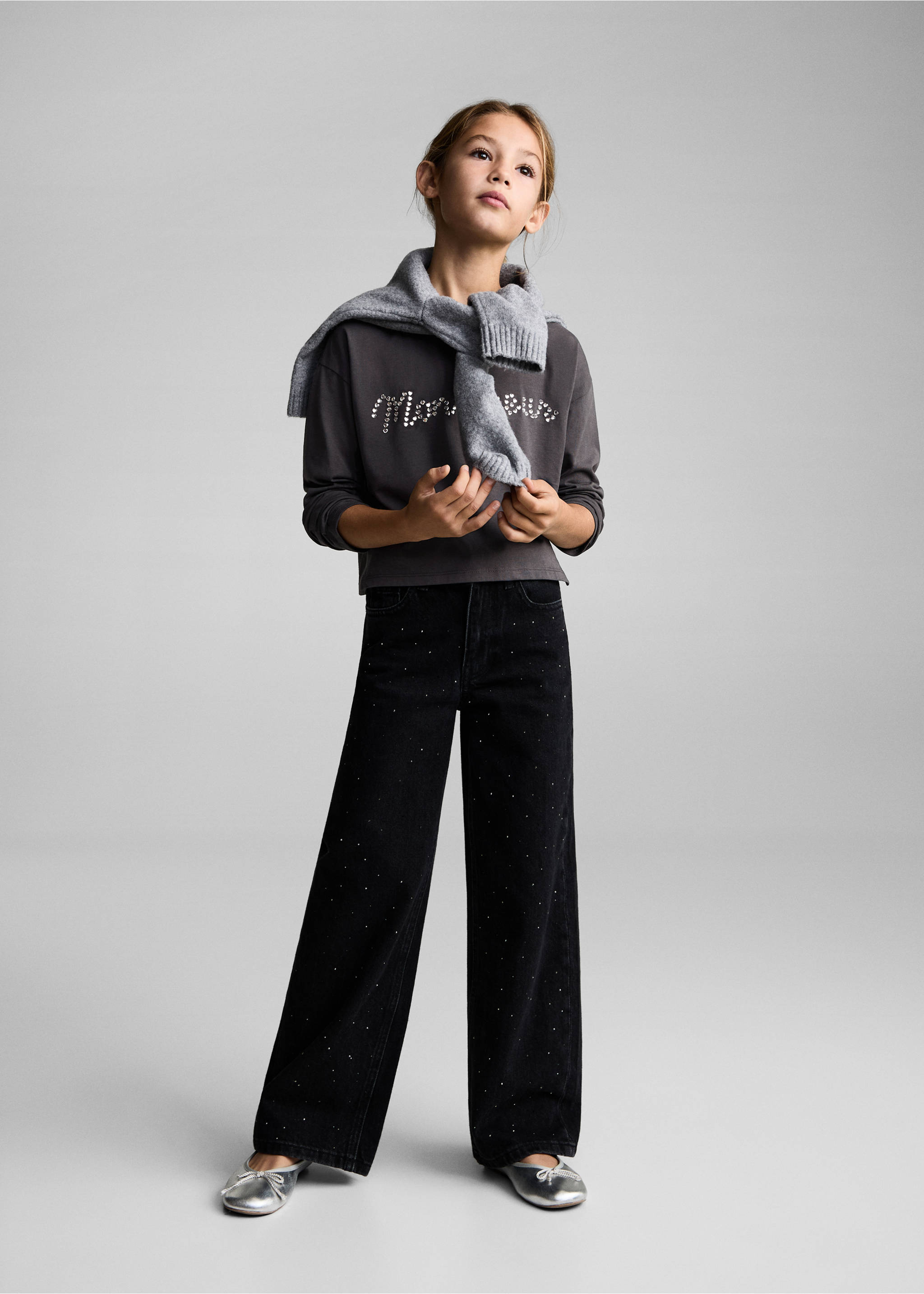 Long-sleeved t-shirt with rhinestone detail - General plane, Charcoal. Ref: 77087930-00.