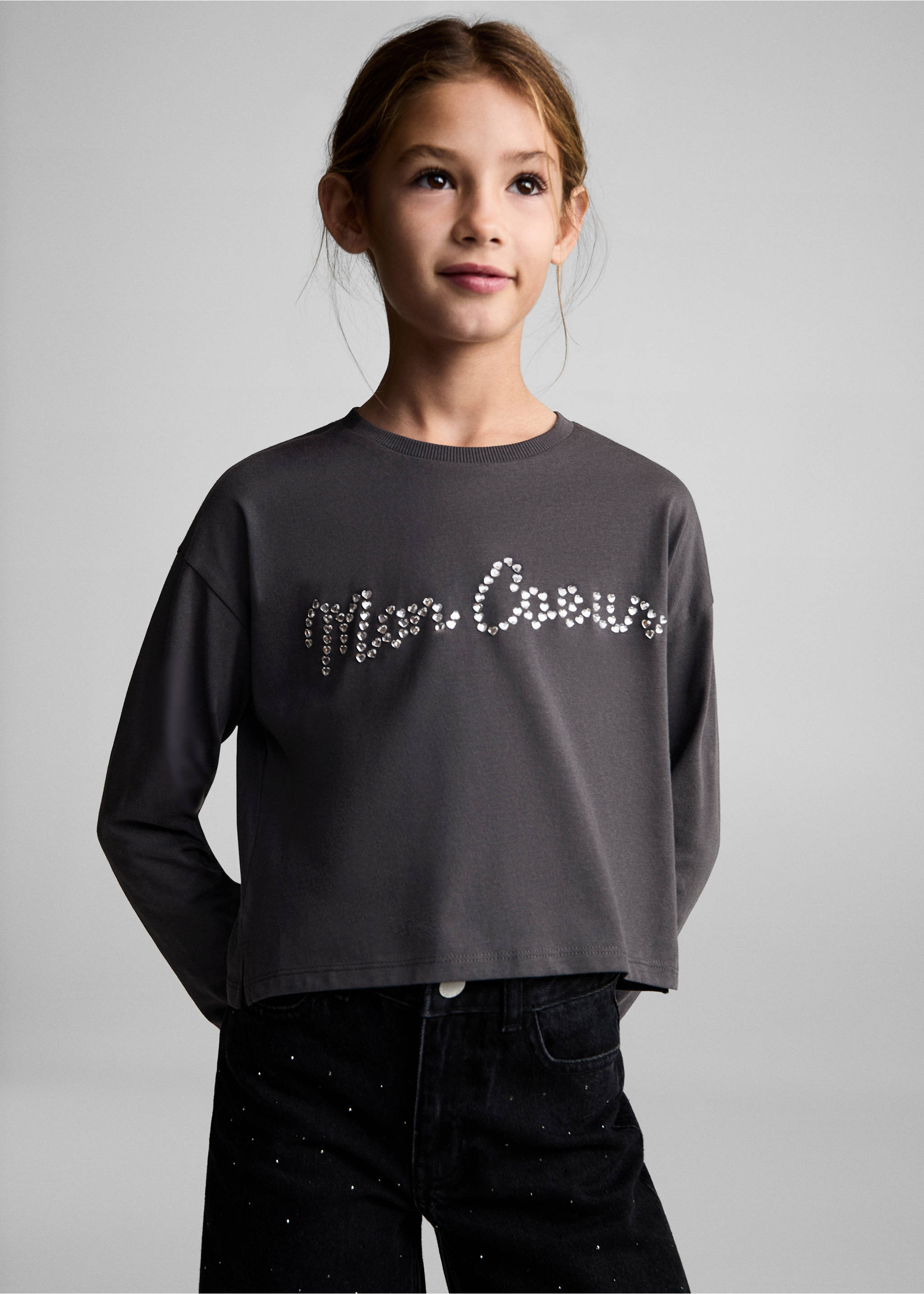 Long-sleeved t-shirt with rhinestone detail - Medium plane, Charcoal. Ref: 77087930-00.