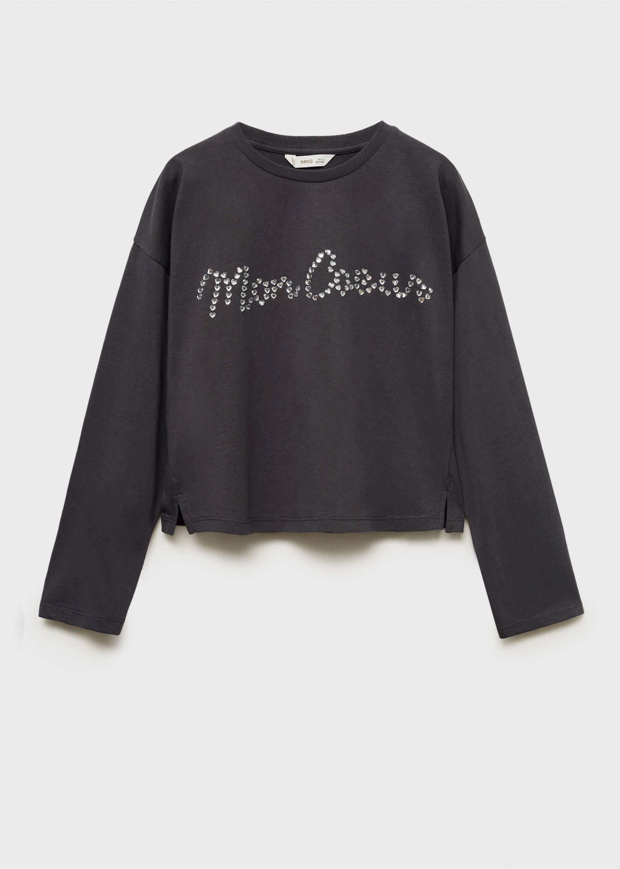 Long-sleeved t-shirt with rhinestone detail - Article without model, Charcoal. Ref: 77087930-00.