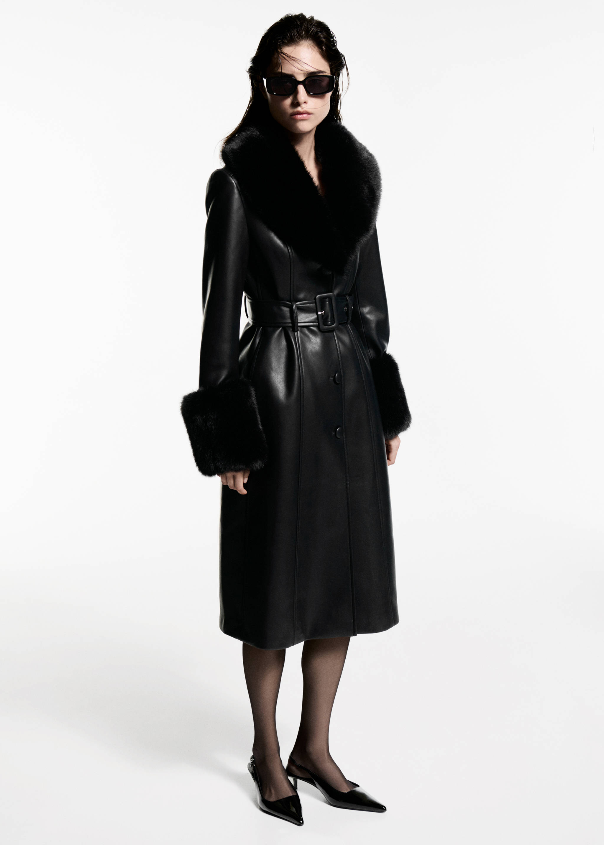 Faux-leather coat with fur-effect trim - General plane