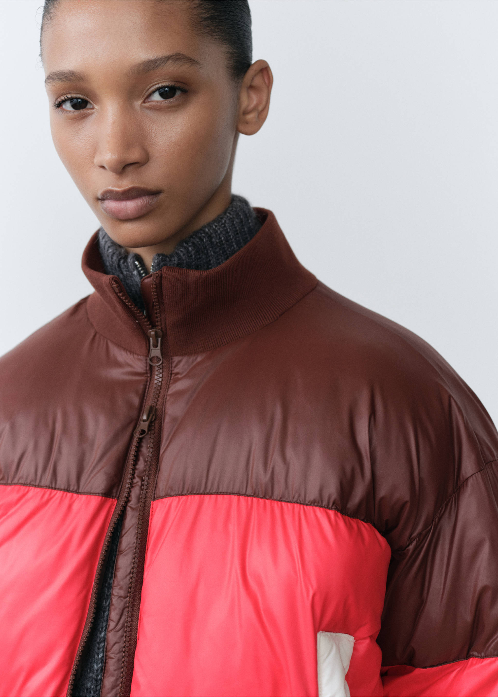 Tricolour quilted jacket - Details of the article 1, Brown. Ref: 77088632-00.