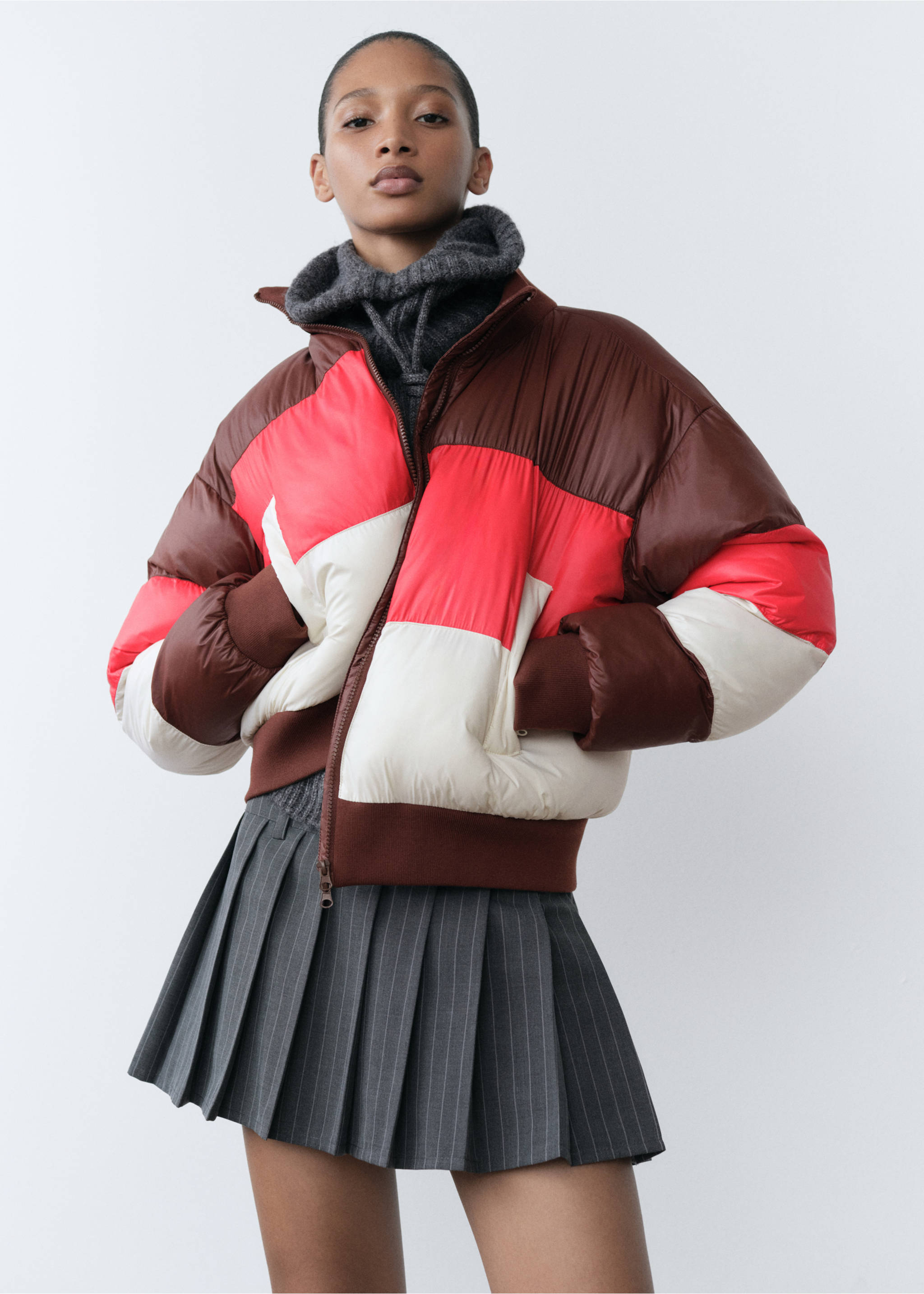 Tricolour quilted jacket - Details of the article 2, Brown. Ref: 77088632-00.