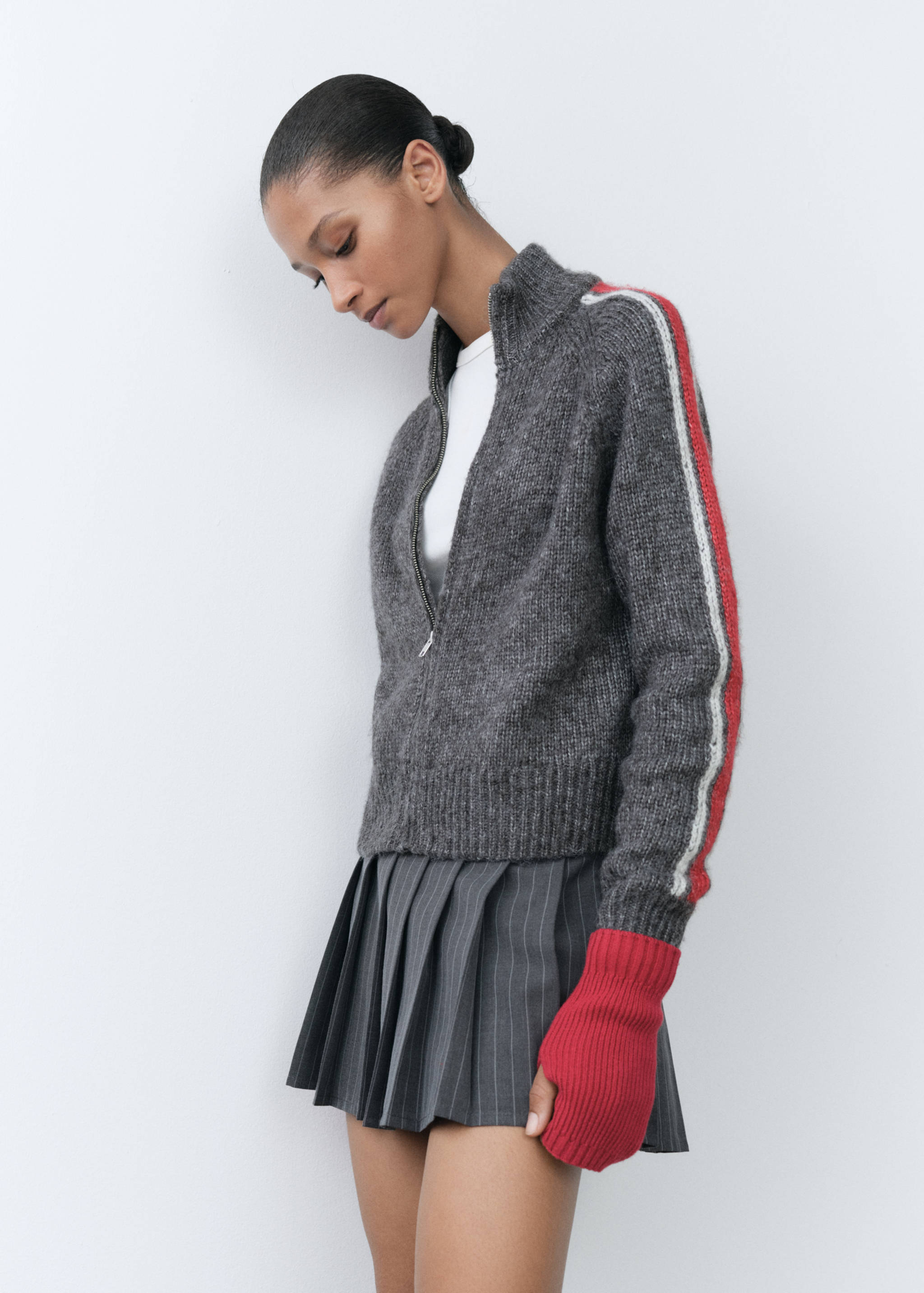 Perkins-neck cardigan with zip - Medium plane