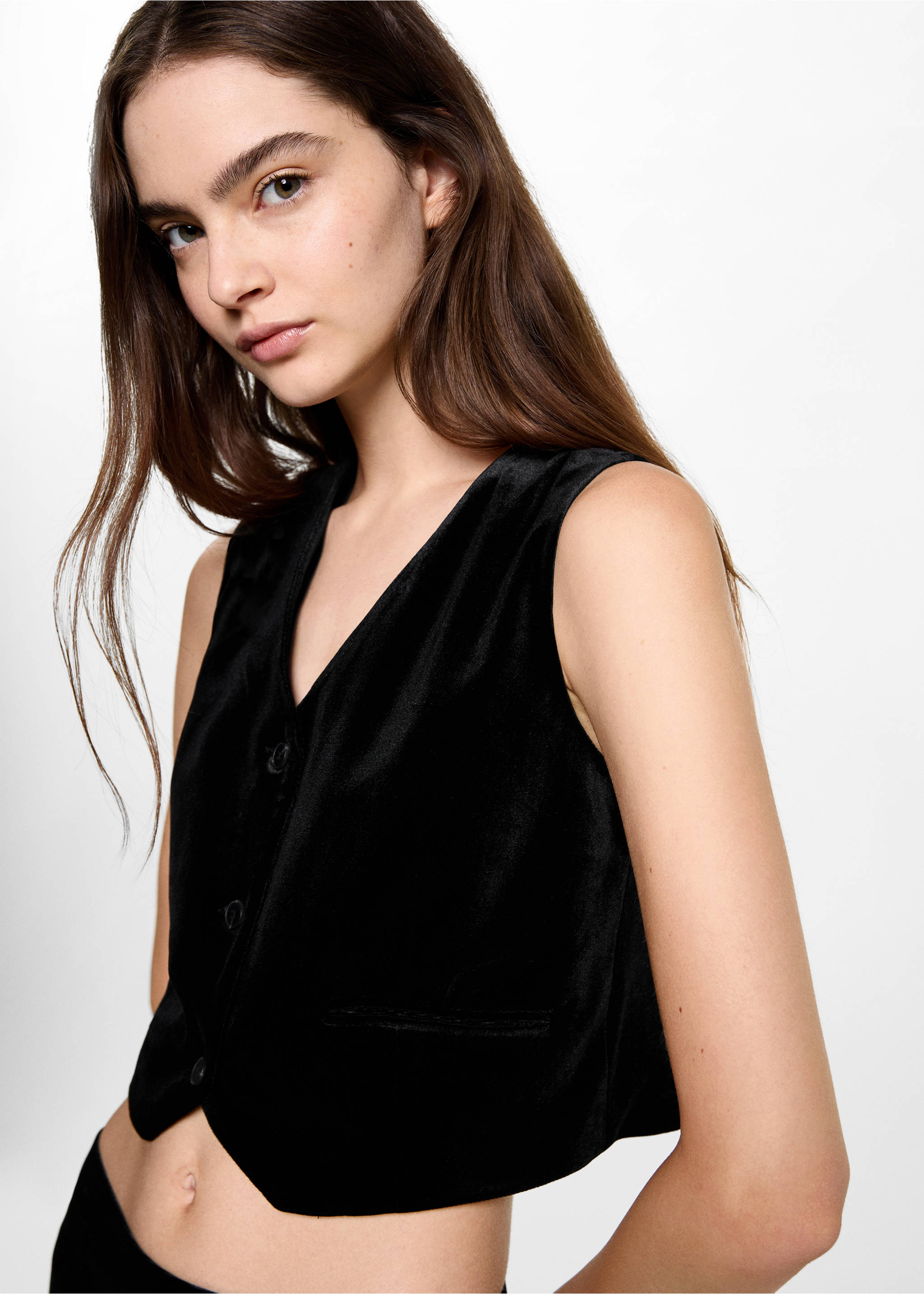 Krótka kamizelka z aksamitu - Szczegóły artykułu 1, Czarny. Ref: 77089065-00.