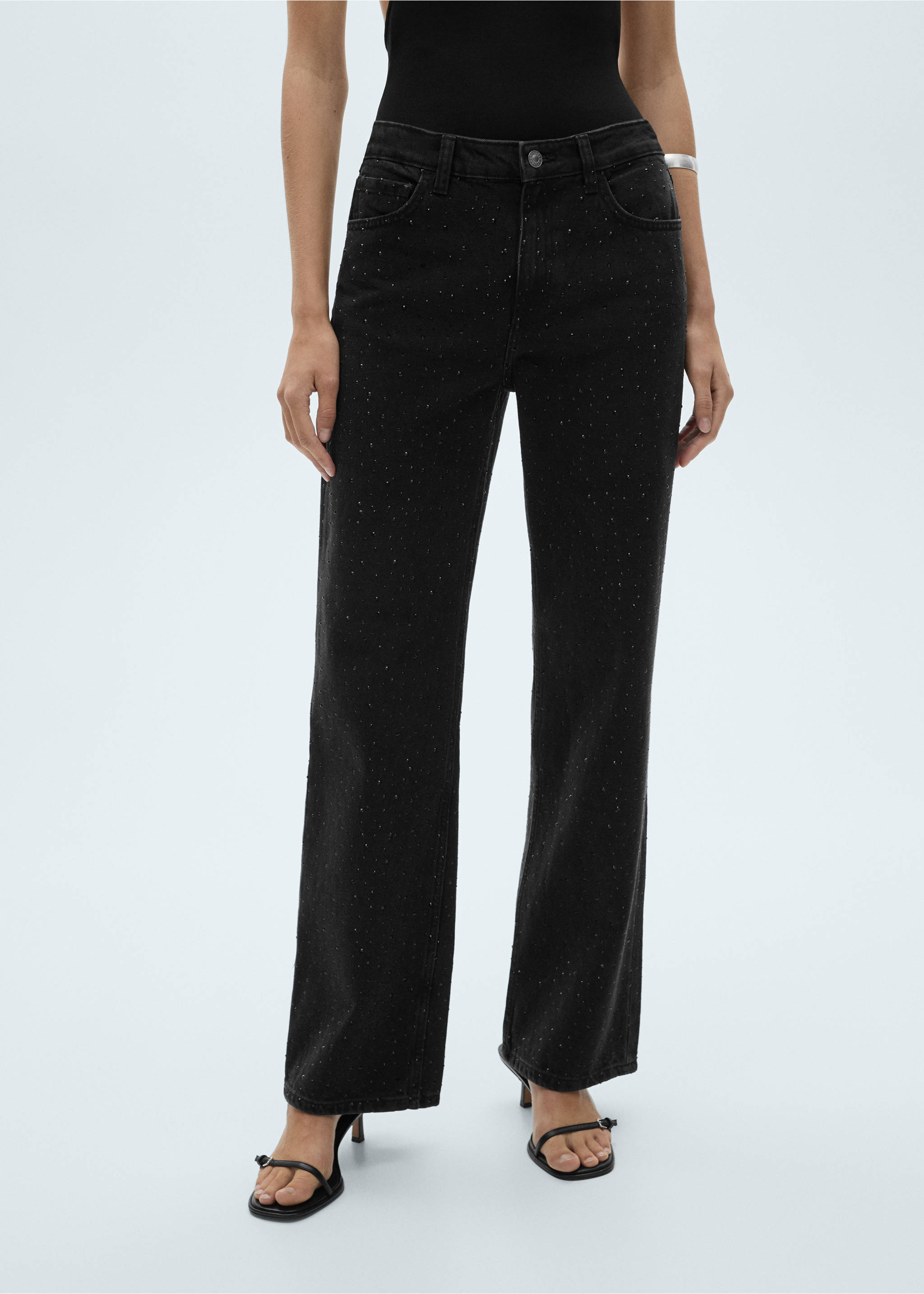 Straight-fit jeans with rhinestone detail - Medium plane, Black denim. Ref: 77089066-00.
