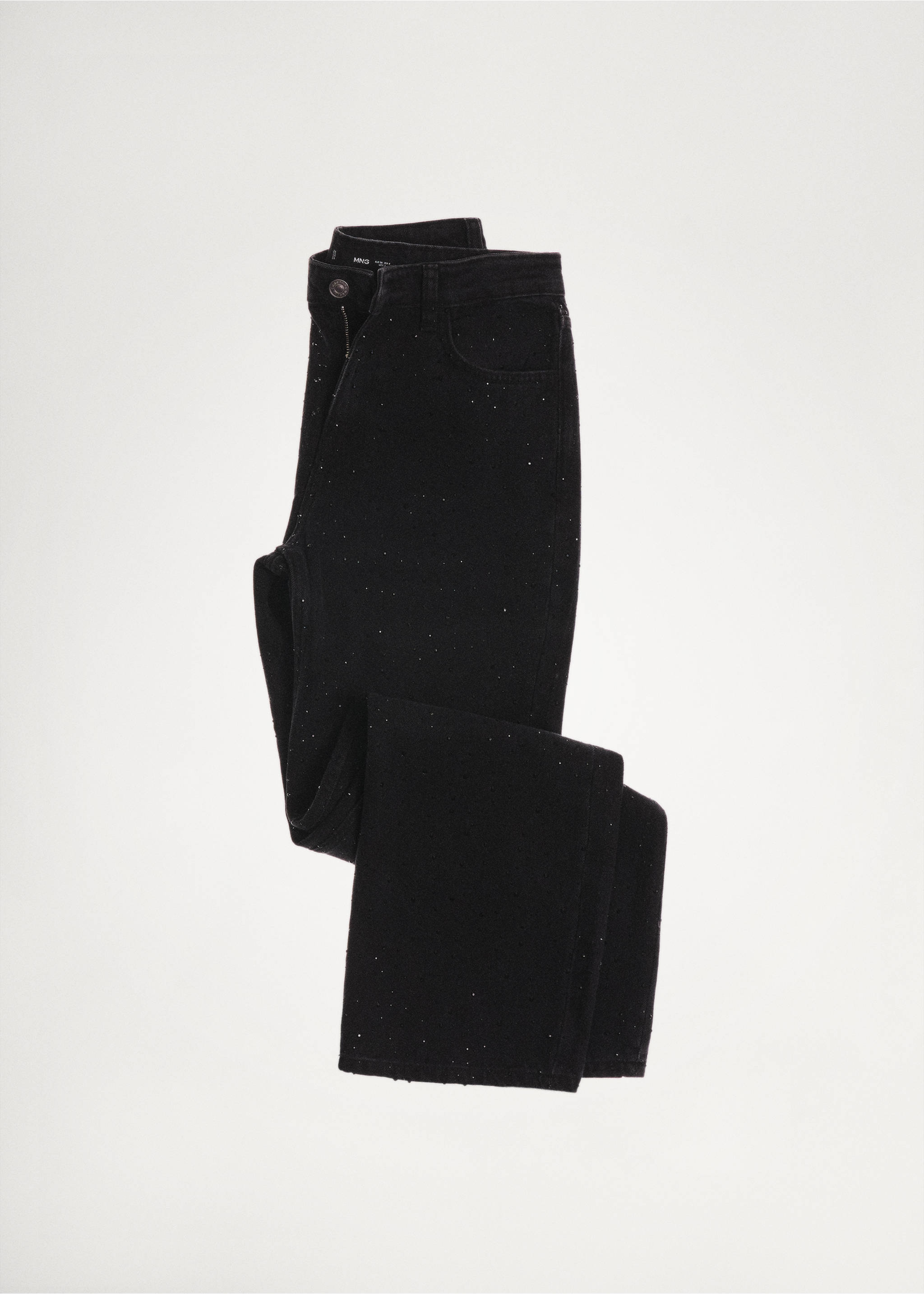 Straight-fit jeans with rhinestone detail - Details of the article 2, Black denim. Ref: 77089066-00.