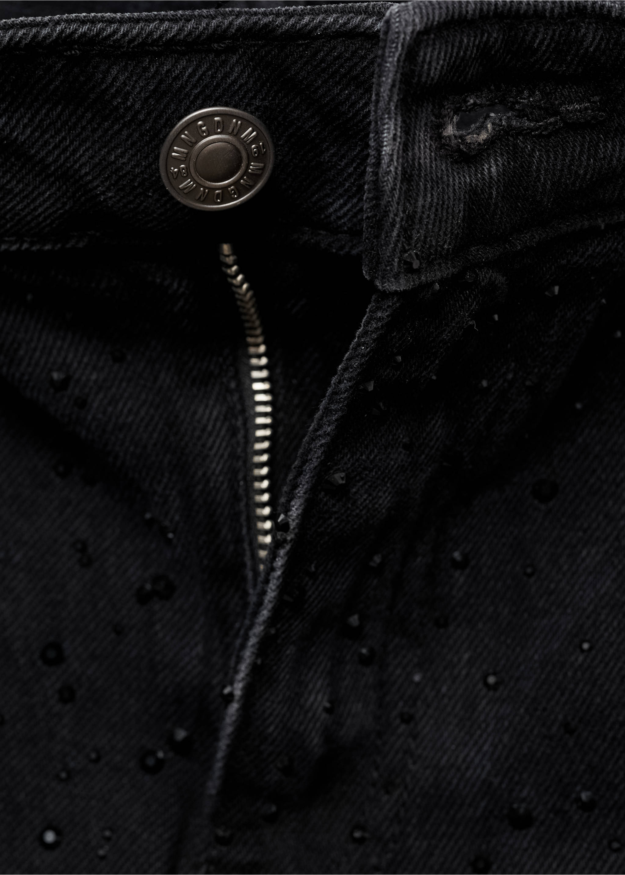 Straight-fit jeans with rhinestone detail - Details of the article 0, Black denim. Ref: 77089066-00.
