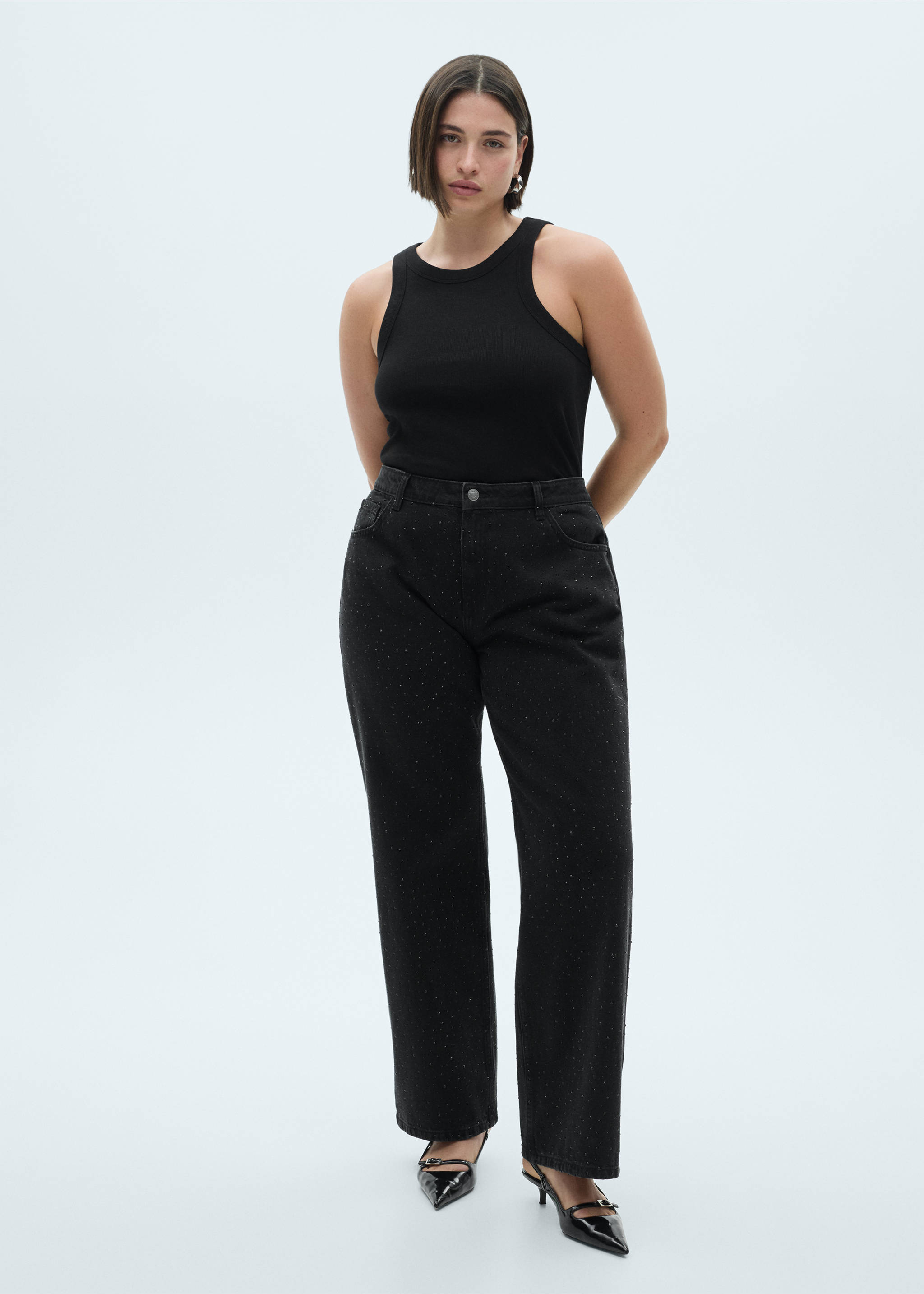 Straight-fit jeans with rhinestone detail - Details of the article 3, Black denim. Ref: 77089066-00.