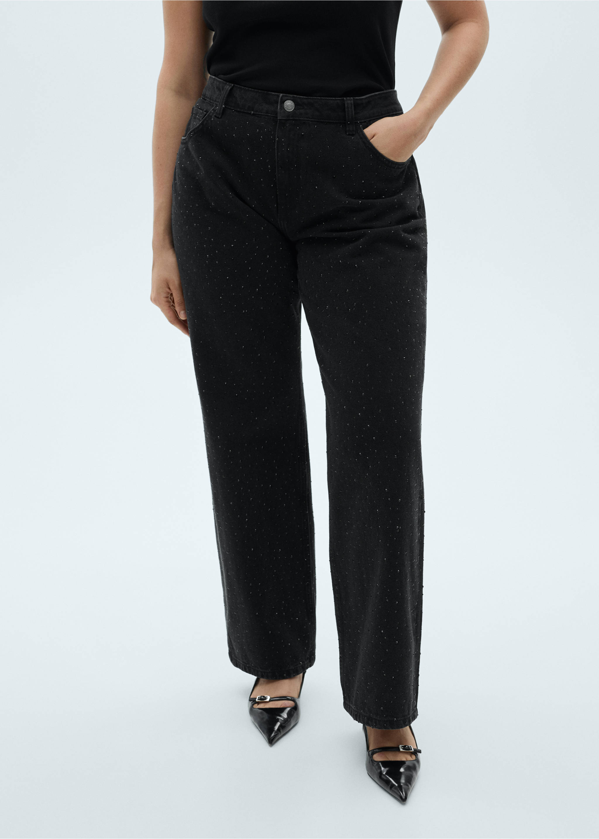 Straight-fit jeans with rhinestone detail - Details of the article 5, Black denim. Ref: 77089066-00.