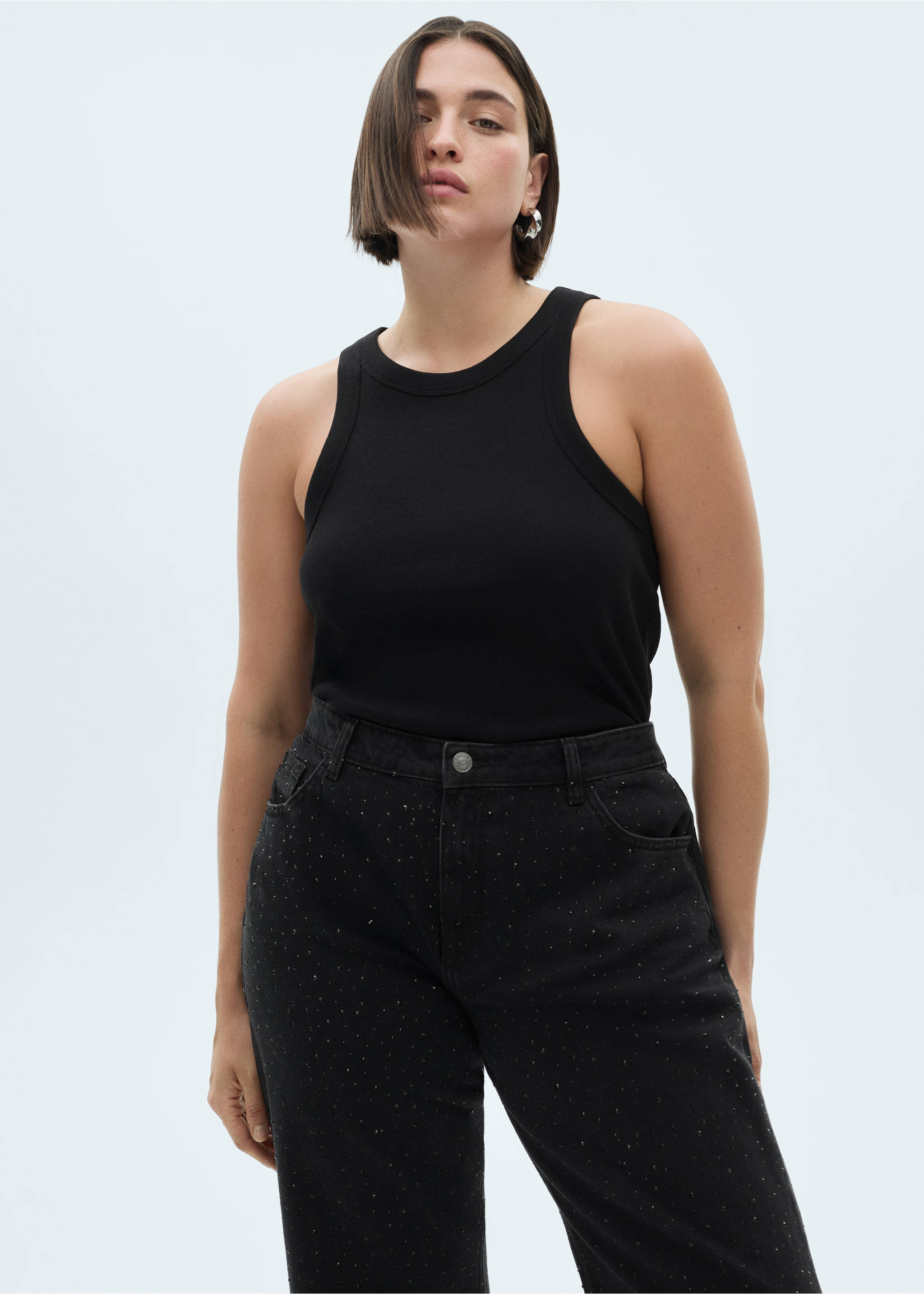 Straight-fit jeans with rhinestone detail - Details of the article 7, Black denim. Ref: 77089066-00.