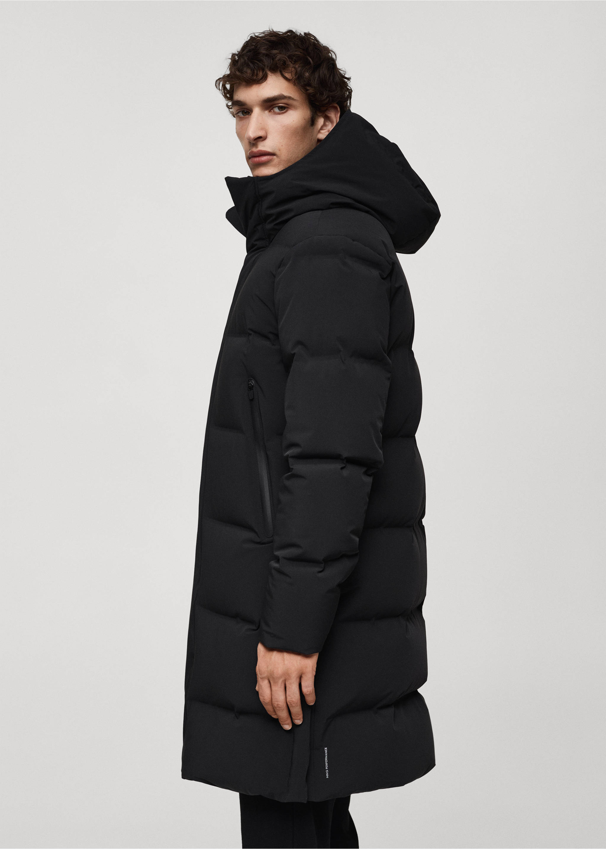 Long waterproof anorak with down and feather filling - Details of the article 2, Black. Ref: 77089226-00.