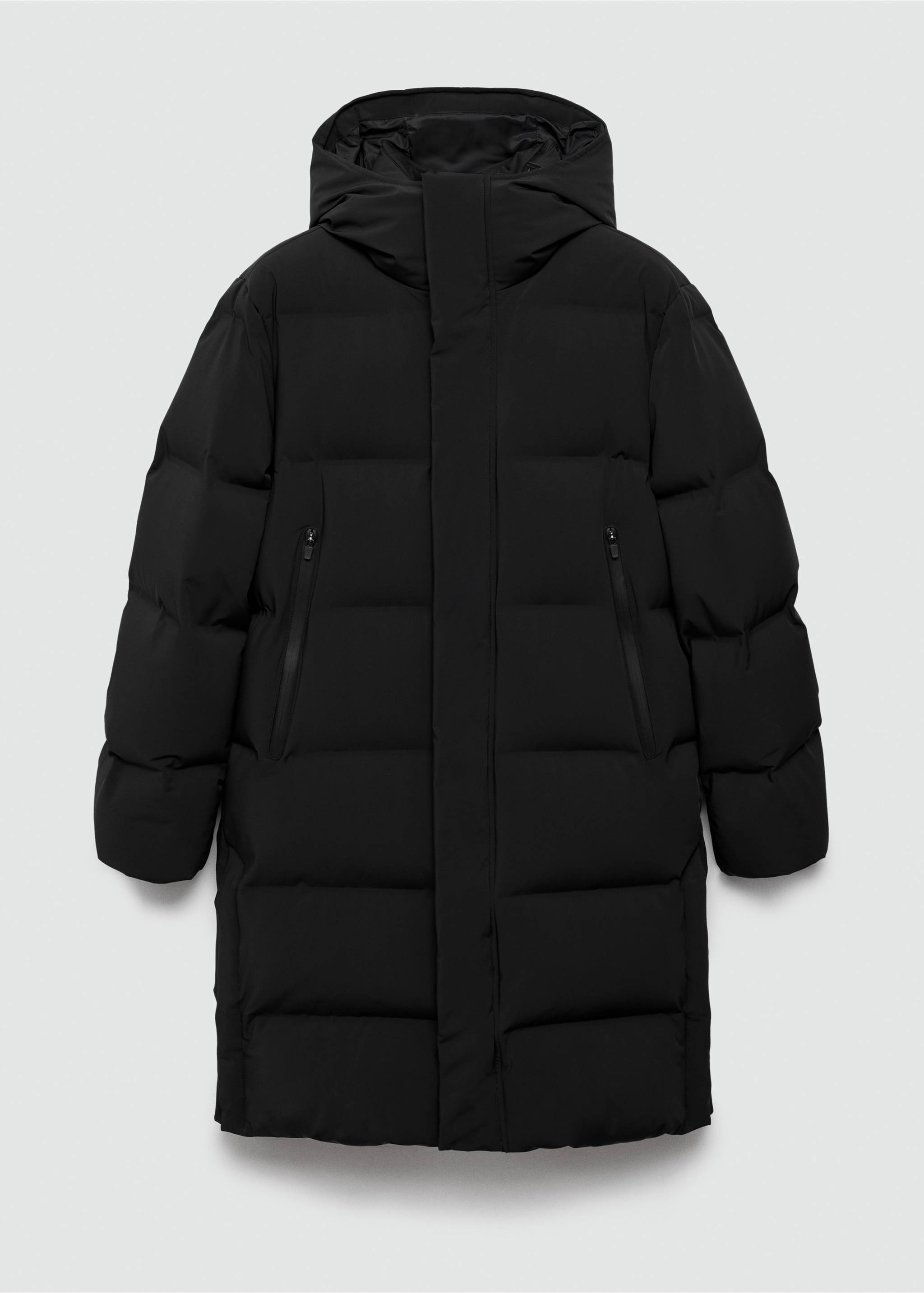 Long waterproof anorak with down and feather filling - Article without model, Black. Ref: 77089226-00.