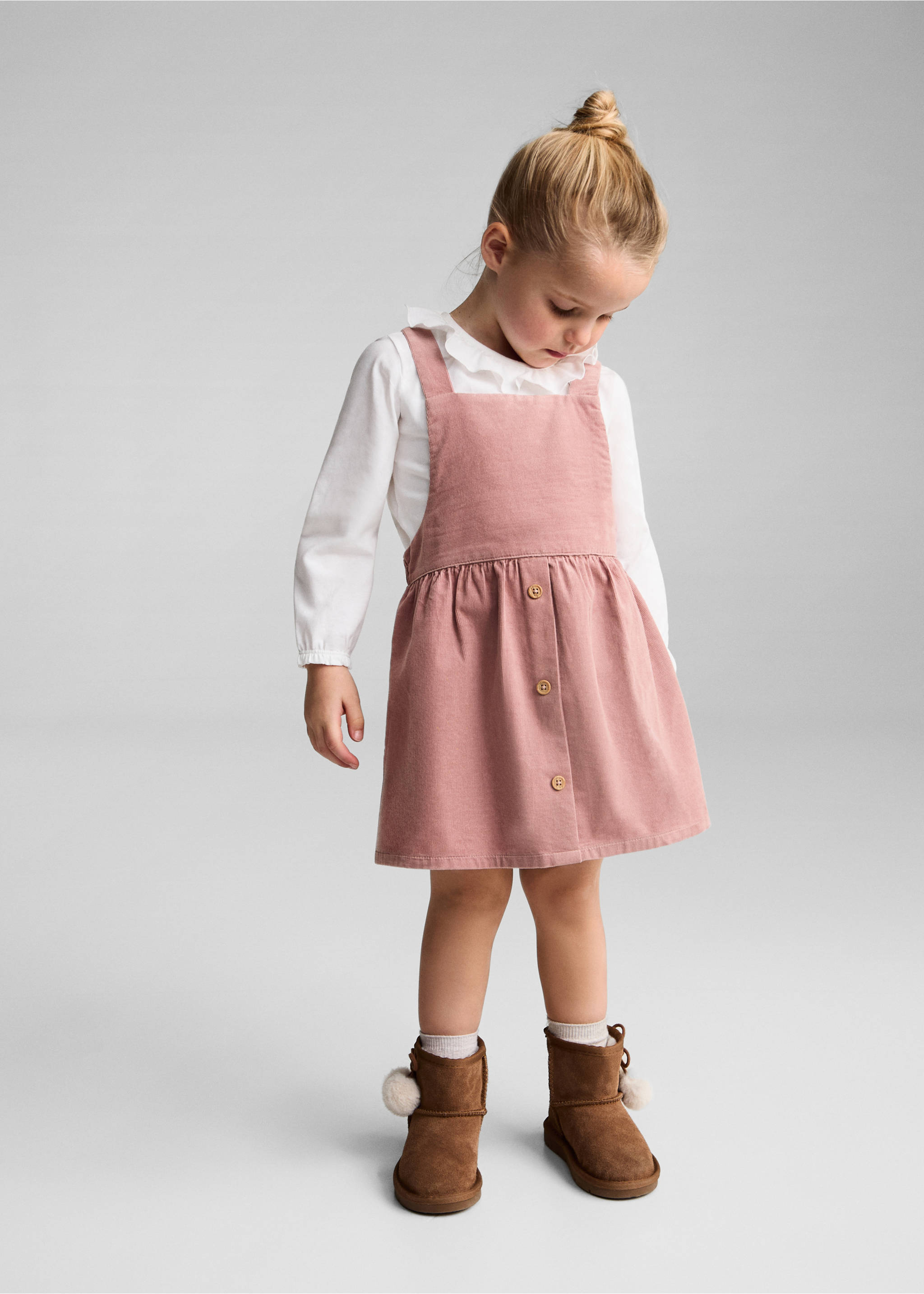 Buttoned micro-corduroy pinafore dress - General plane, Pink. Ref: 77089234-00.