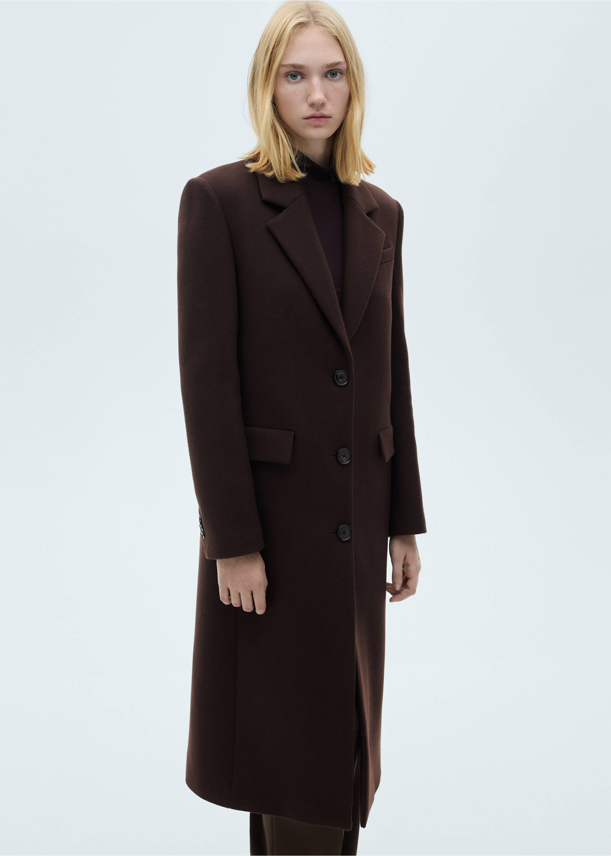 Long structured wool coat - Medium plane, Brown. Ref: 77089244-00.