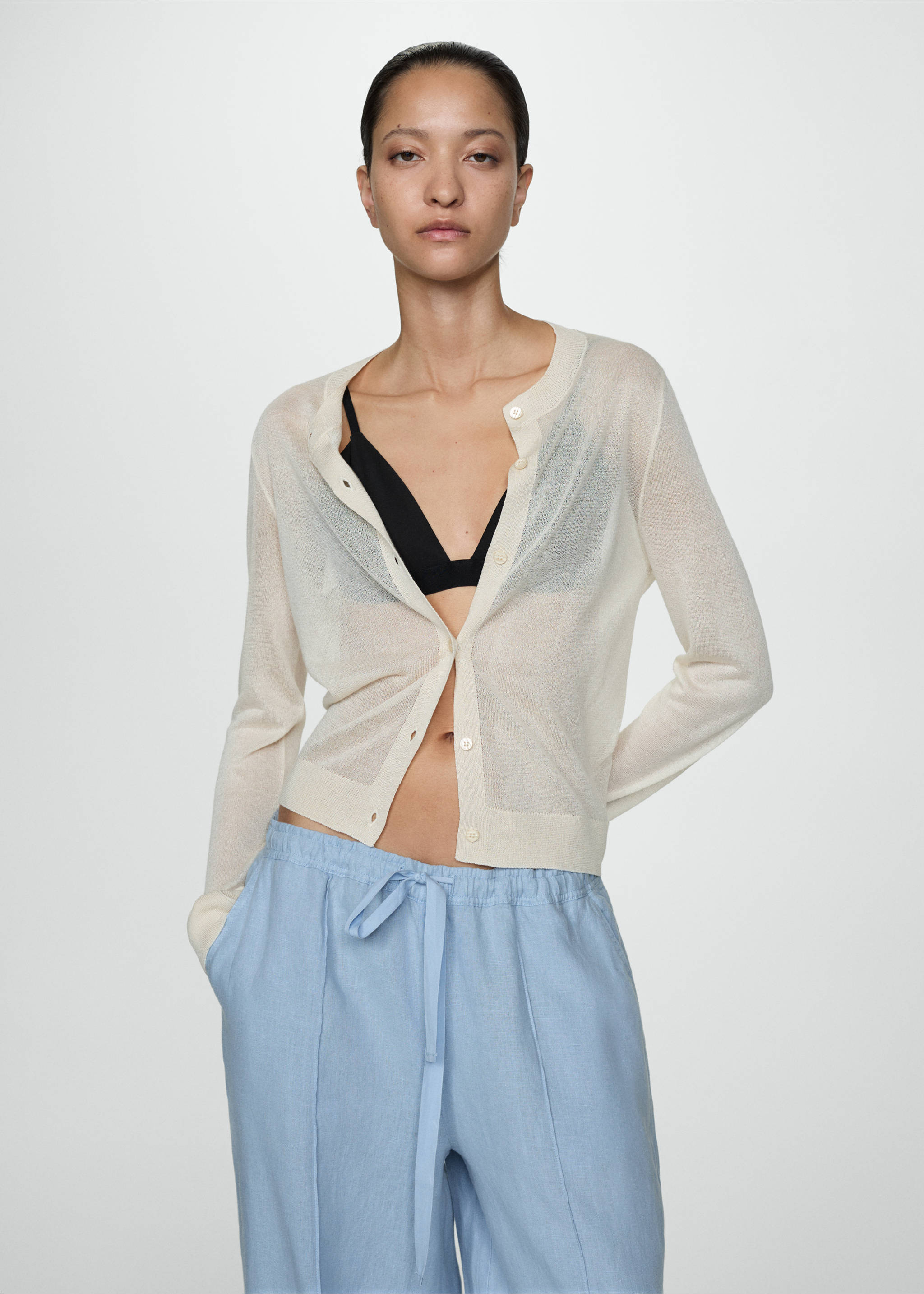 Wide leg linen trousers - Details of the article 1, Sky Blue. Ref: 77090346-00.