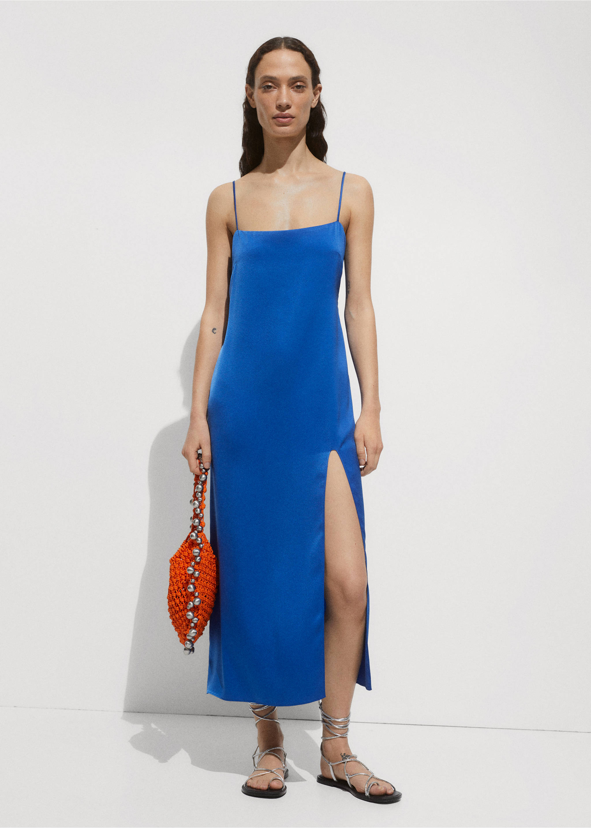 Side-slit satin dress - General plane, Blue. Ref: 77090358-00.