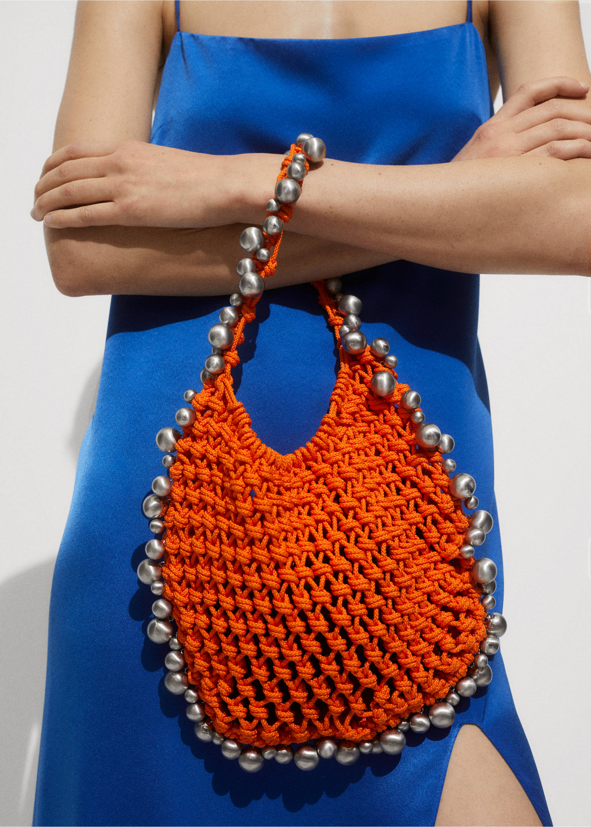 Side-slit satin dress - Details of the article 6, Blue. Ref: 77090358-00.