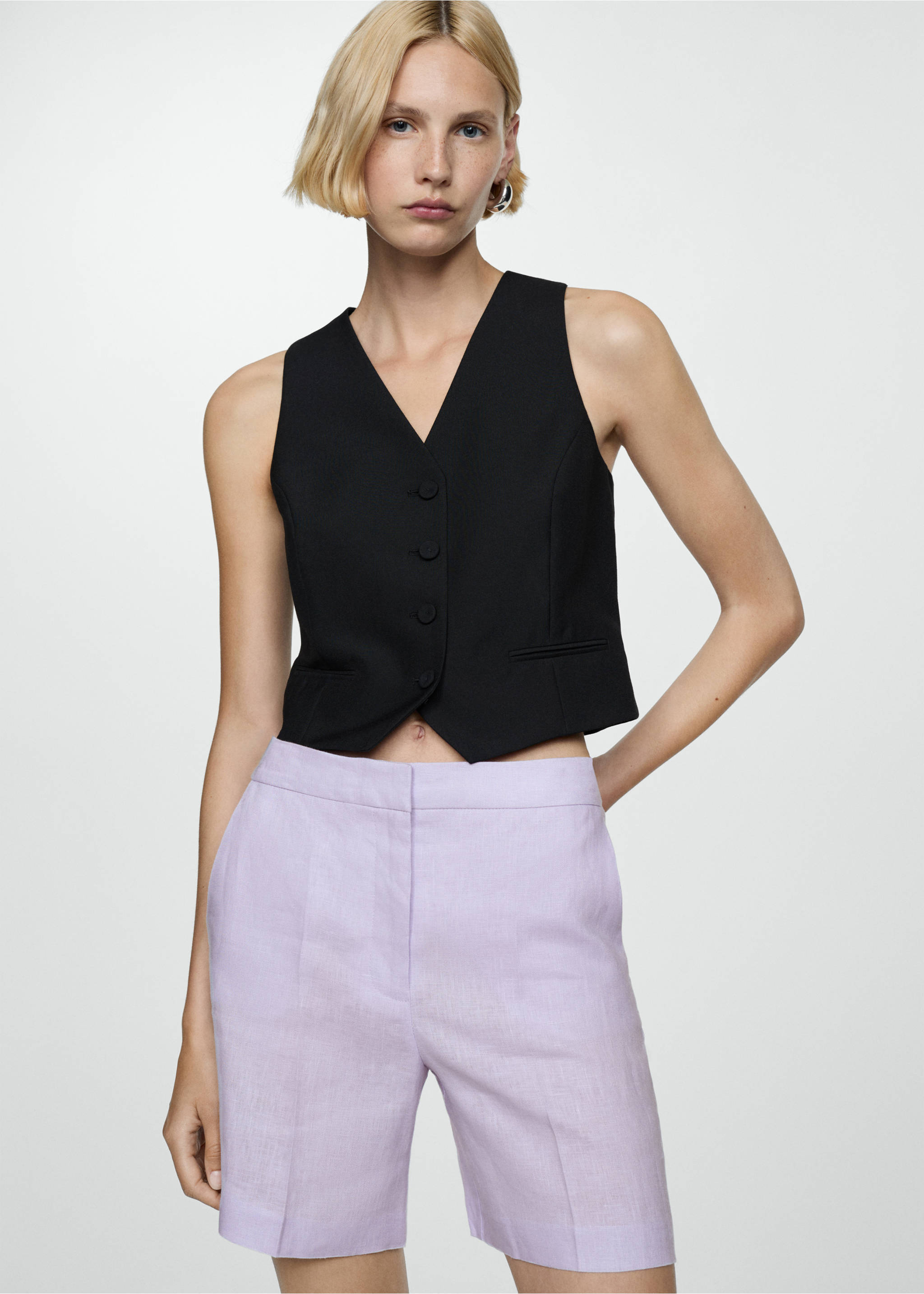 Straight-fit linen shorts - Details of the article 2, Light/Pastel Purple. Ref: 77090369-00.