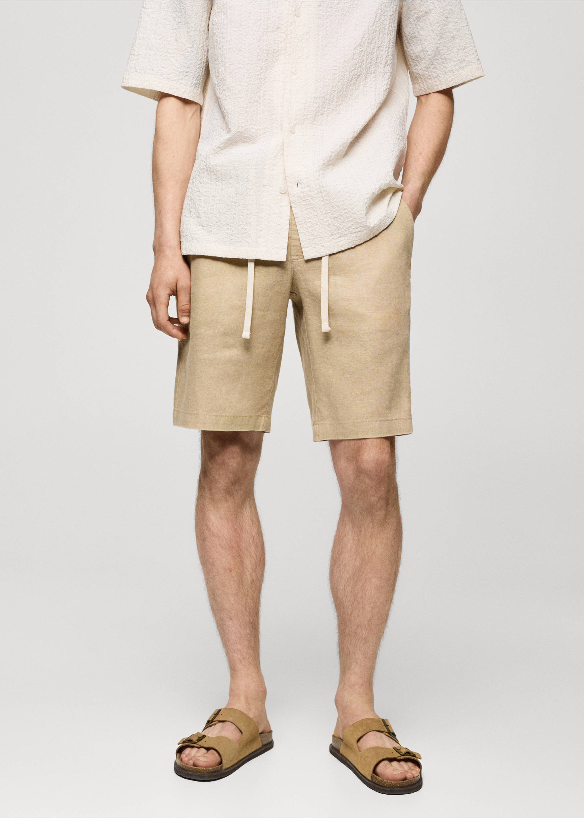 100% linen bermuda shorts with drawstring - Medium plane, Beige. Ref: 77090561-00.