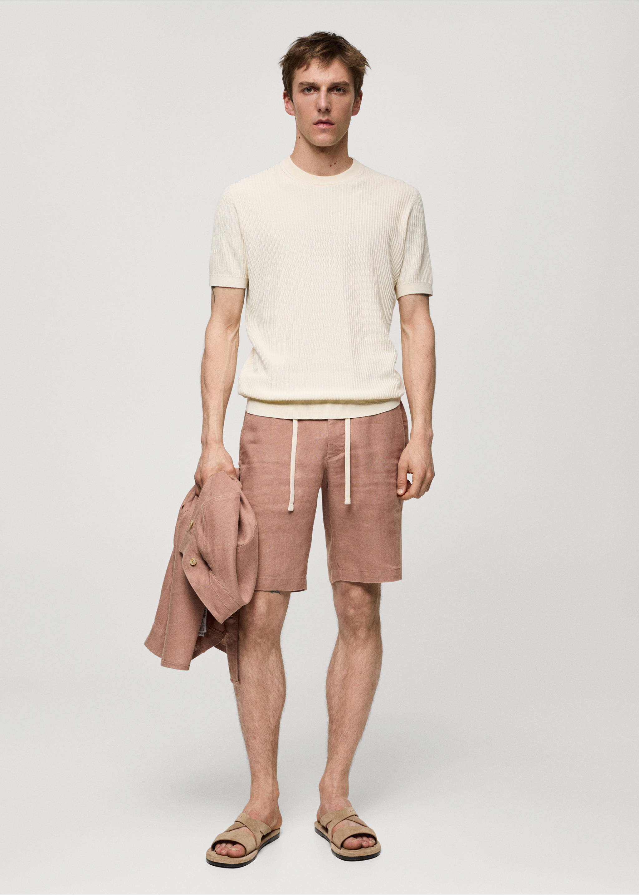 100% linen bermuda shorts with drawstring - General plane, Salmon. Ref: 77090561-00.