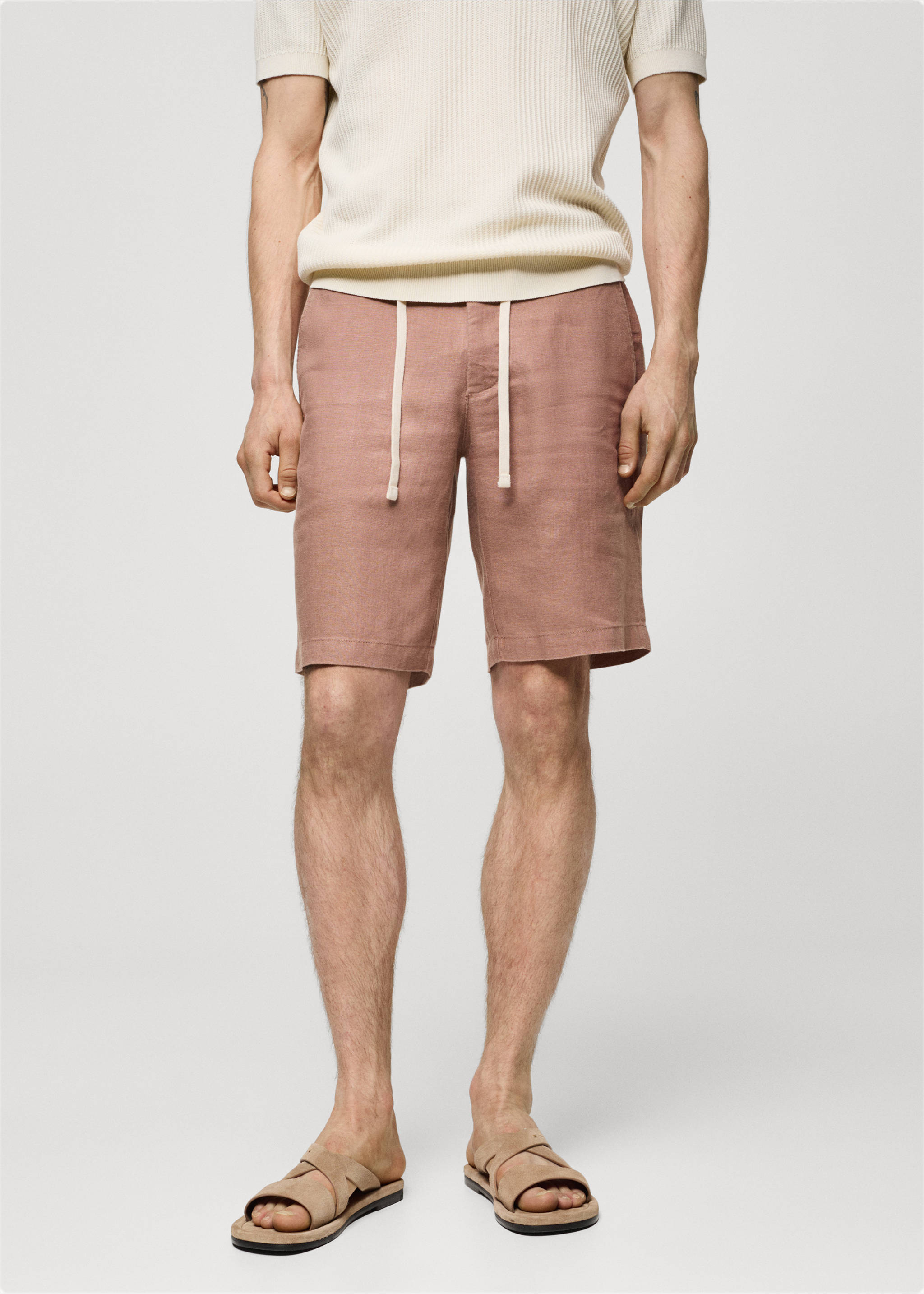 100% linen bermuda shorts with drawstring - Medium plane, Salmon. Ref: 77090561-00.