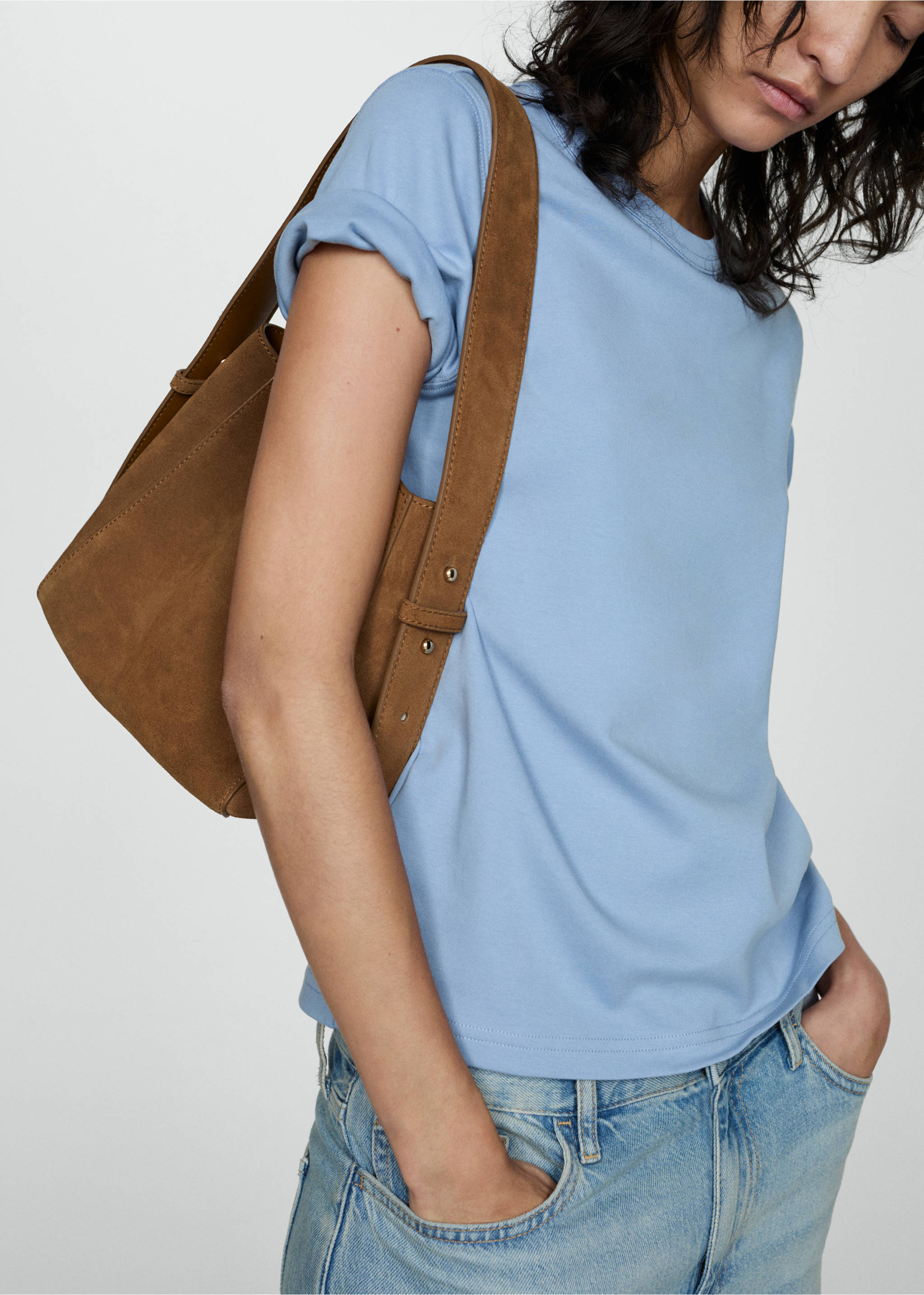 T-shirt coton manches courtes - Plan moyen, Bleu ciel. Ref: 77090571-00.