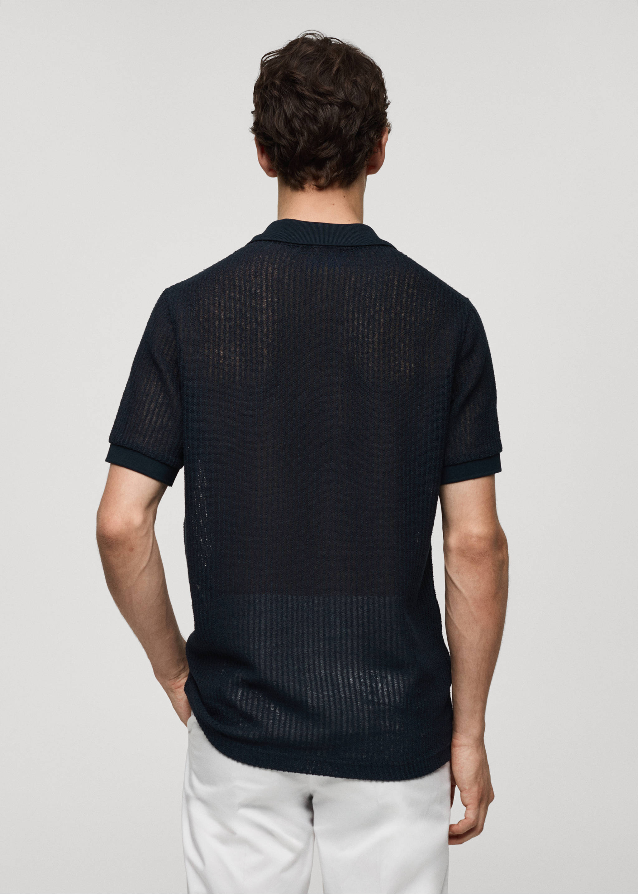Regular-fit openwork knitted polo shirt - Reverse of the article, Dark Navy. Ref: 77090587-00.